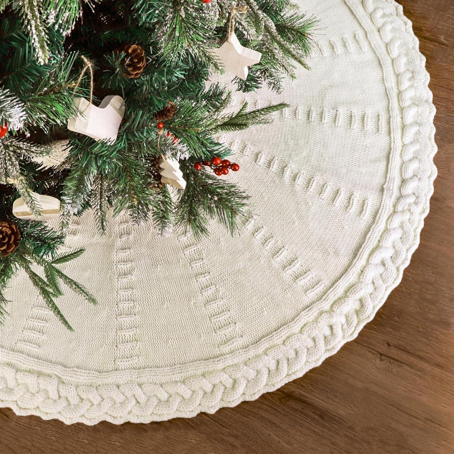 Taotanxi Knitted Christmas Tree Skirt :36 Inches(About 91 Cm)Cream Color White Tree Skirt Woven Twisted Knit Chunky Rustic Christmas Tree Decoration Christmas Holiday Home Party Decoration