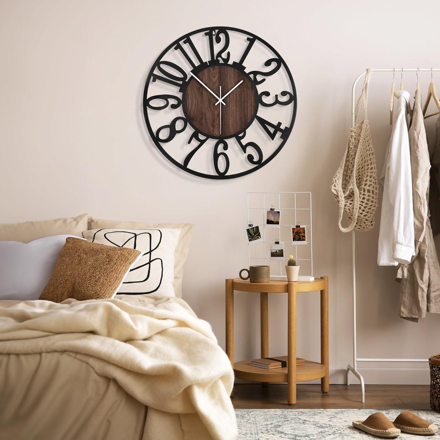 Oversized Black Metal and Wood Silent Wall Clock