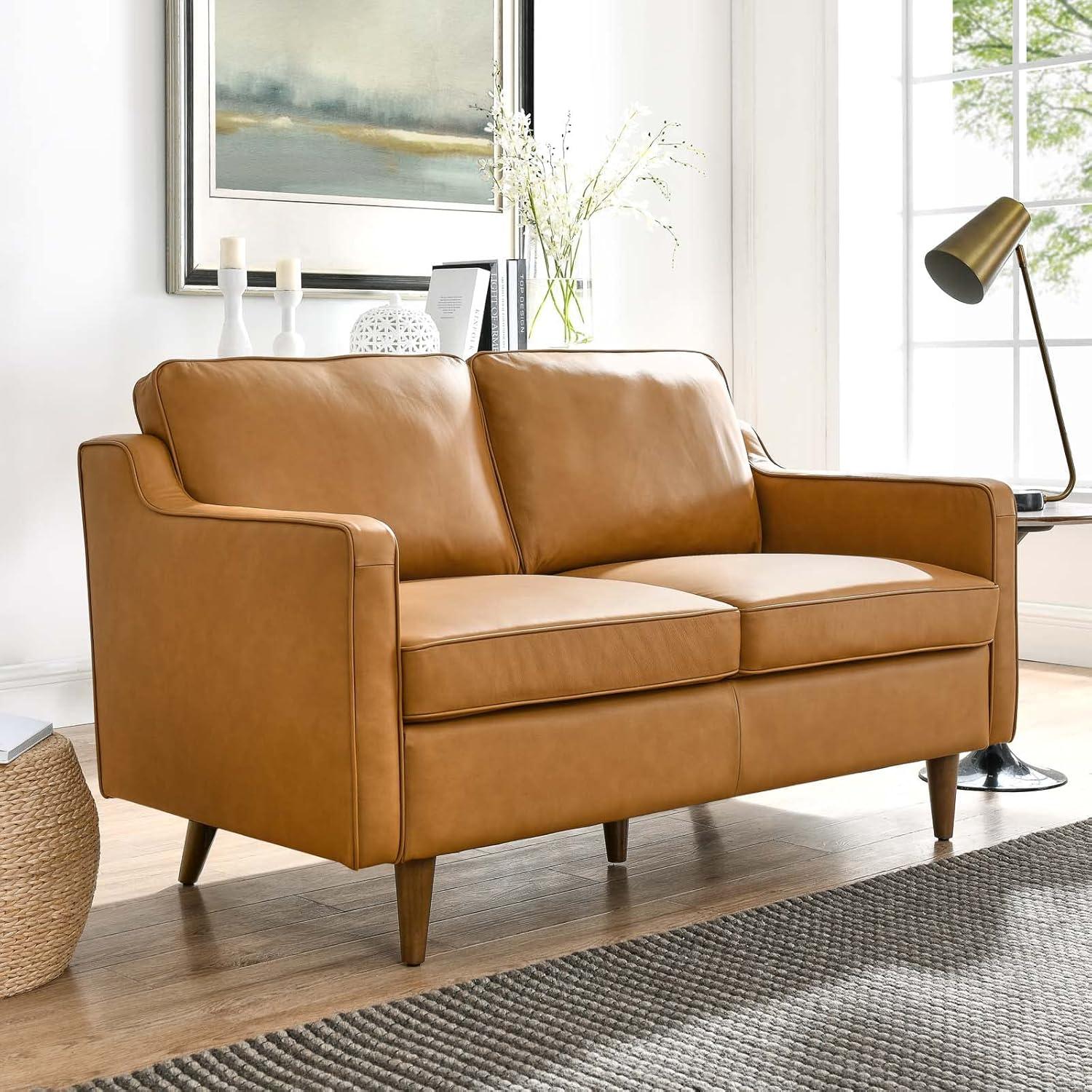 Tan Genuine Leather Loveseat with Walnut Wood Legs