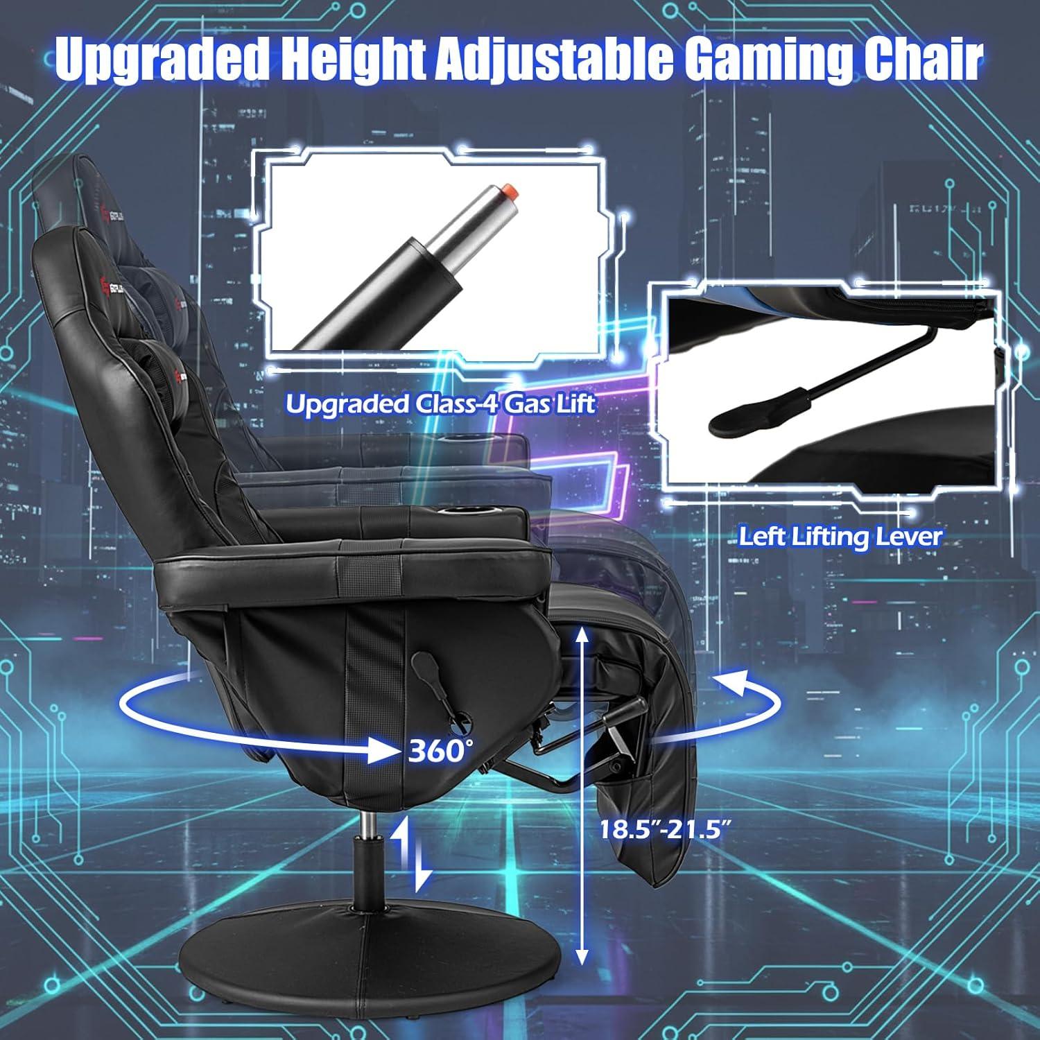 POWERSTONE Gaming Recliner Massage Gaming Chair with Footrest Ergonomic PU Leather Single Sofa with Cup Holder Headrest and Side Pouch, Adjustable Living Room Chair Seating, Black