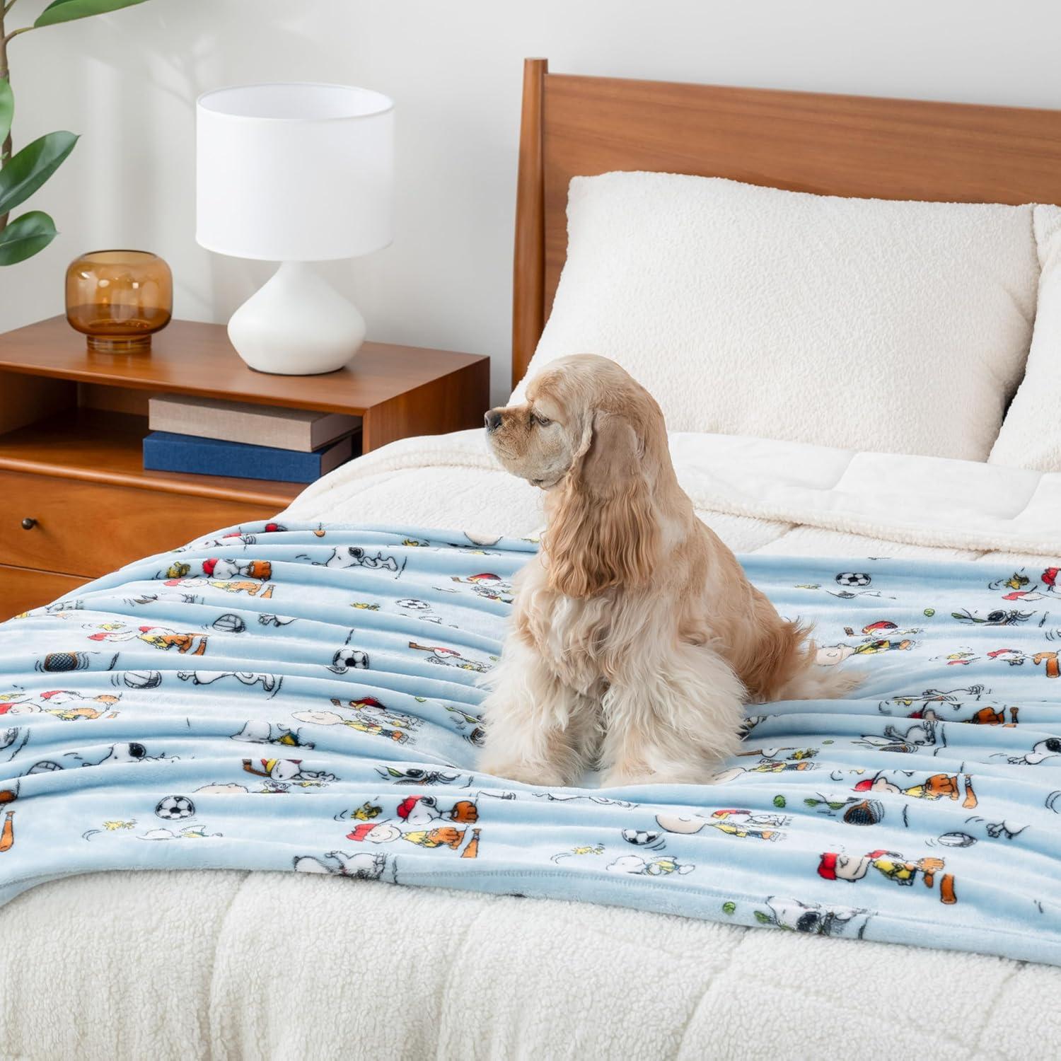 Berkshire Blanket Peanuts® VelvetLoft® Cute Character Snoopy Plush Throw Blanket,Snoopy The Athlete Closed in Blue,Throw 55 in x 70 in (Official Peanuts® Product)