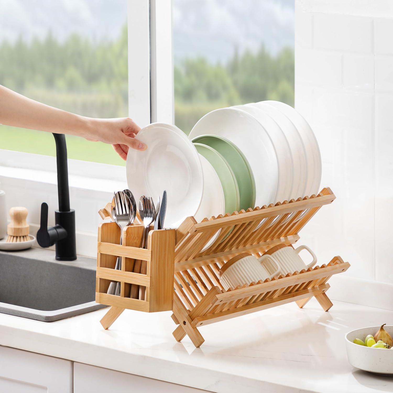 Foldable Bamboo 2-Tier Dish Drying Rack with Utensil Holder