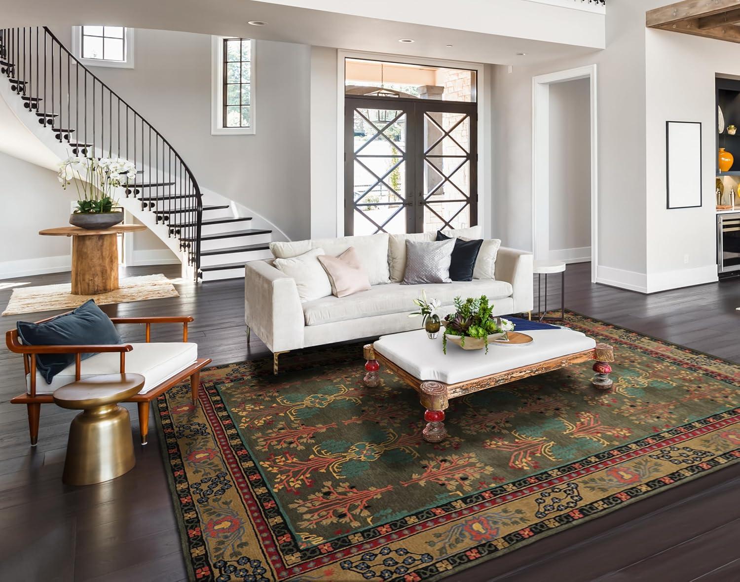 Handmade Gray and Green Wool Oriental 9' x 12' Area Rug
