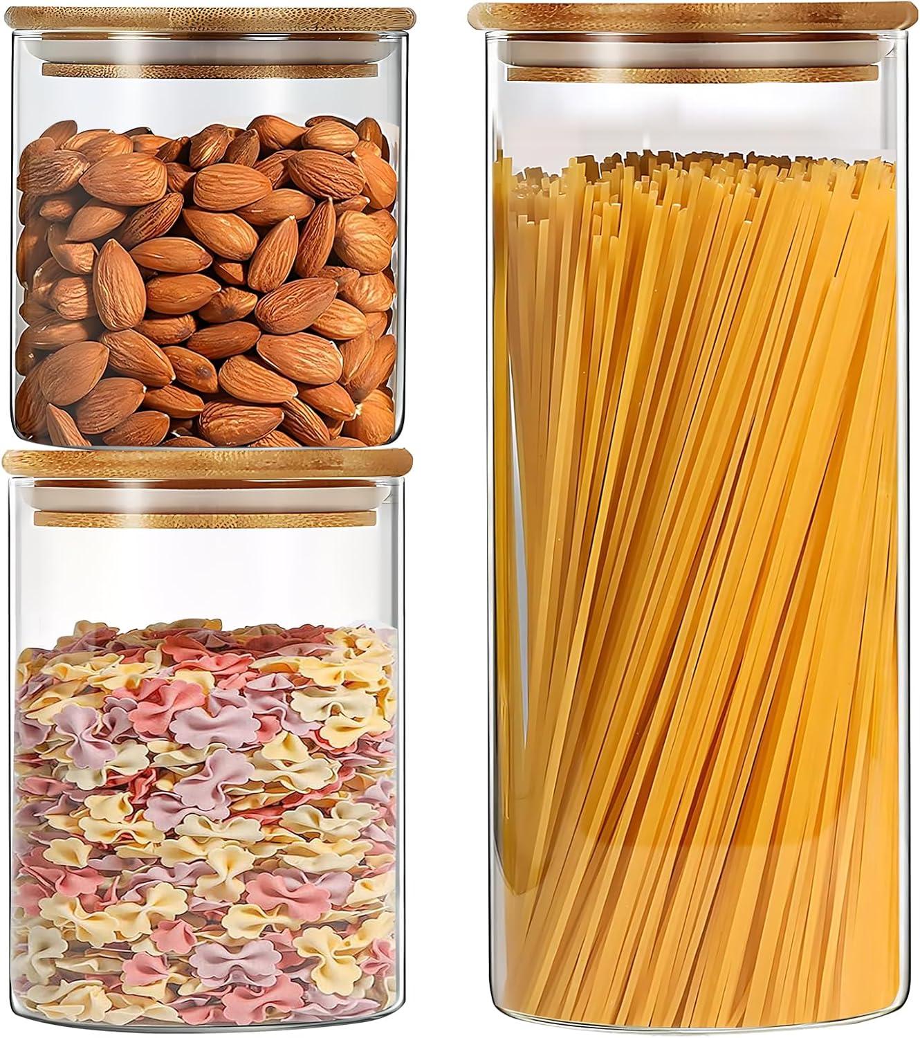 Juvale 3 Pack Glass Storage Containers with Bamboo Lids, Airtight Canisters for Pantry (32.5 oz)