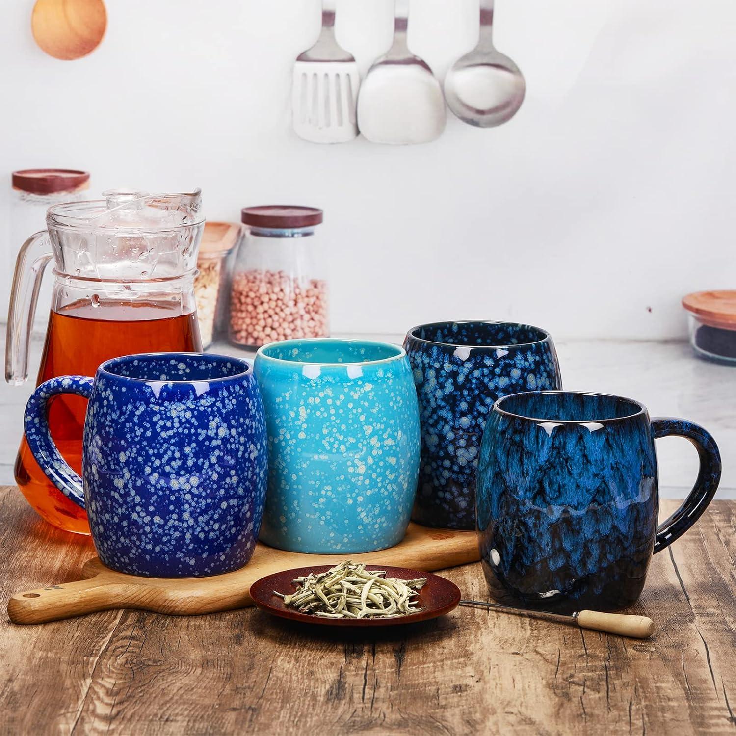 21 Oz Large Ceramic Coffee Mug, Handmade Pottery Big Tea Cup for Office and Home, Big Handle Hot and Cold Drinking, Microwave and Dishwasher Safe, Unique Texture Glaze (Deep blue)