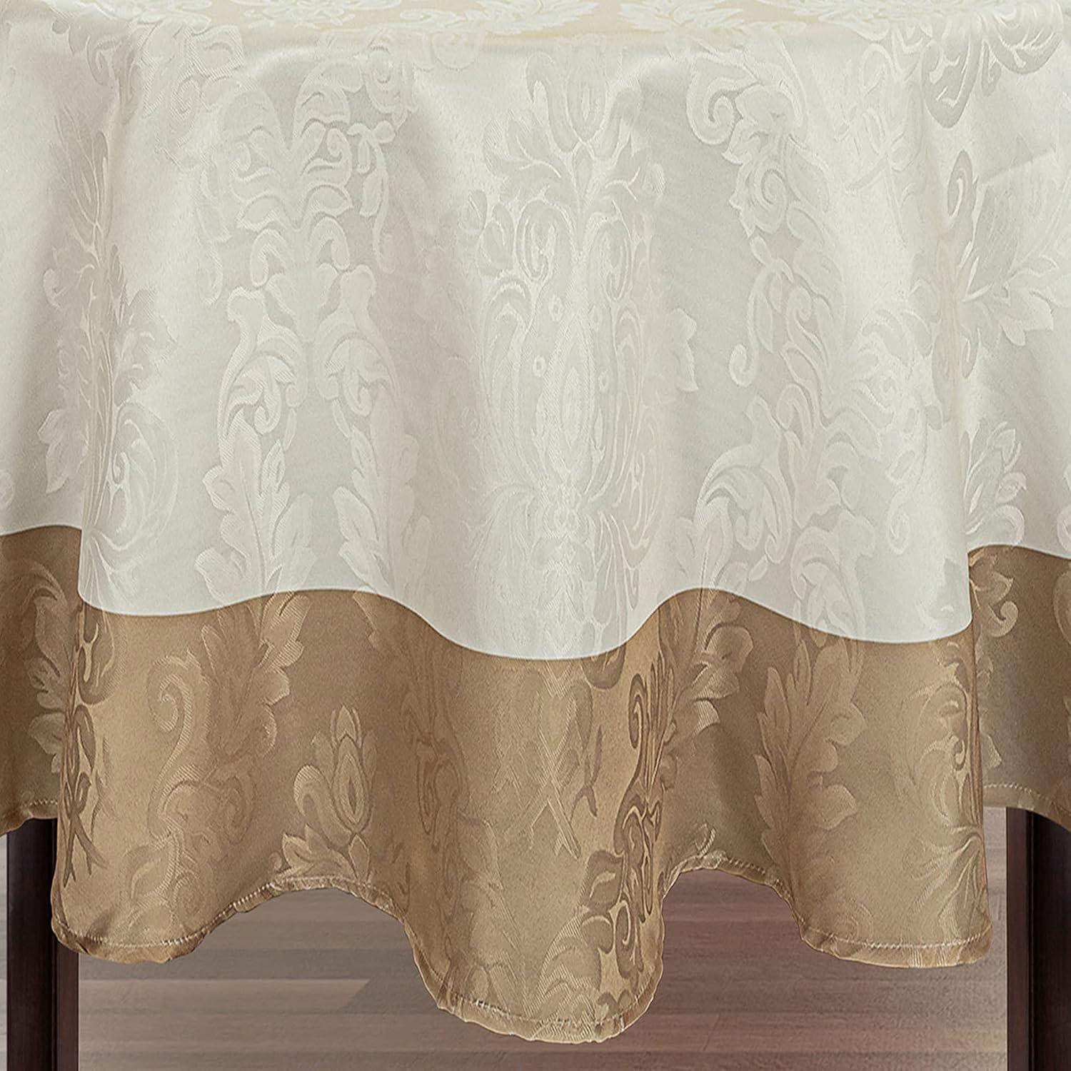 Newbridge Valencia Two Tone Bordered Damask Fabric Tablecloth, Wrinkle and Stain Resistant Fine Dining Holiday Hotel Quality Tablecloth, 52 Inch x 70 Inch Oblong/Rectangle, Antique Ivory/Gold