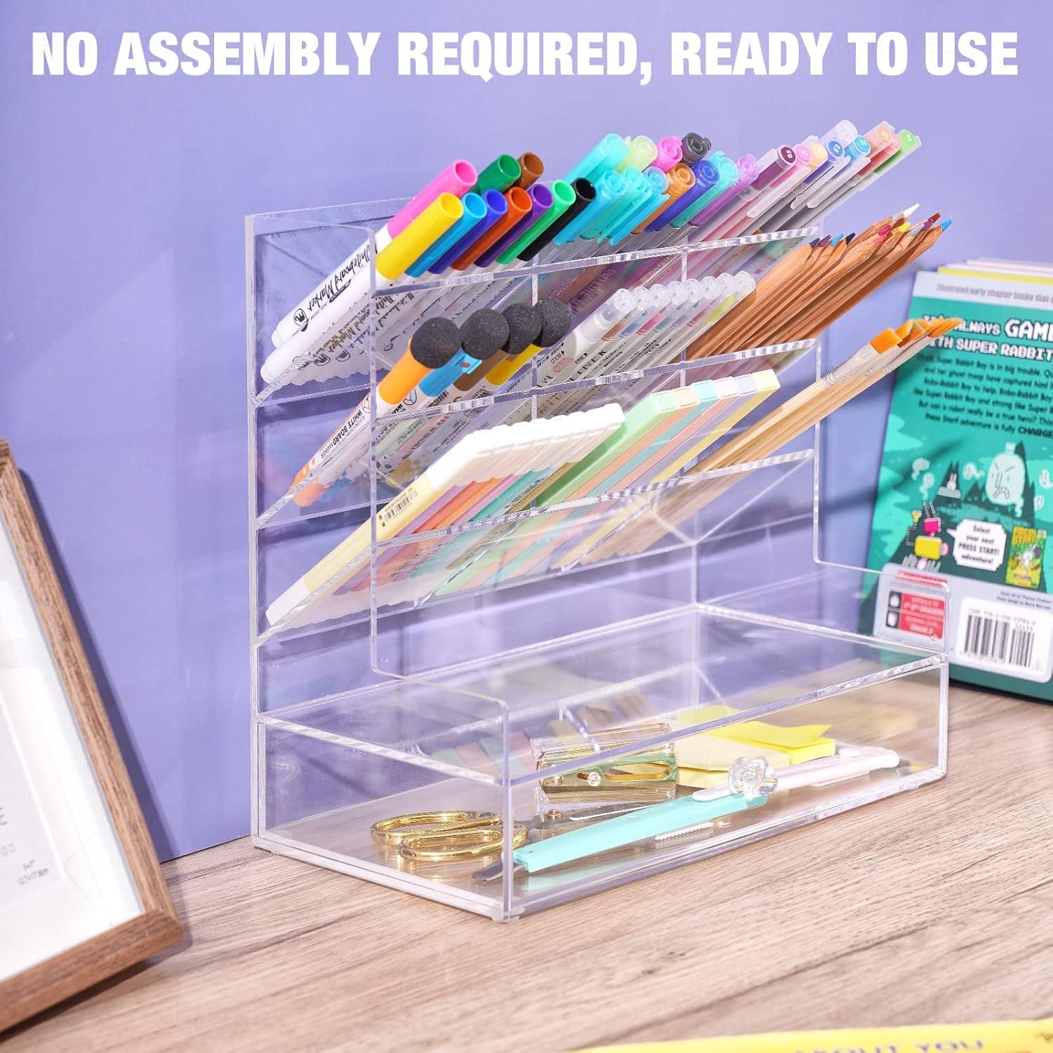 Clear Acrylic Desk Organizer with 10 Compartments for Pens, Writing & Correction Supplies Ideal for Office, School and Home Use