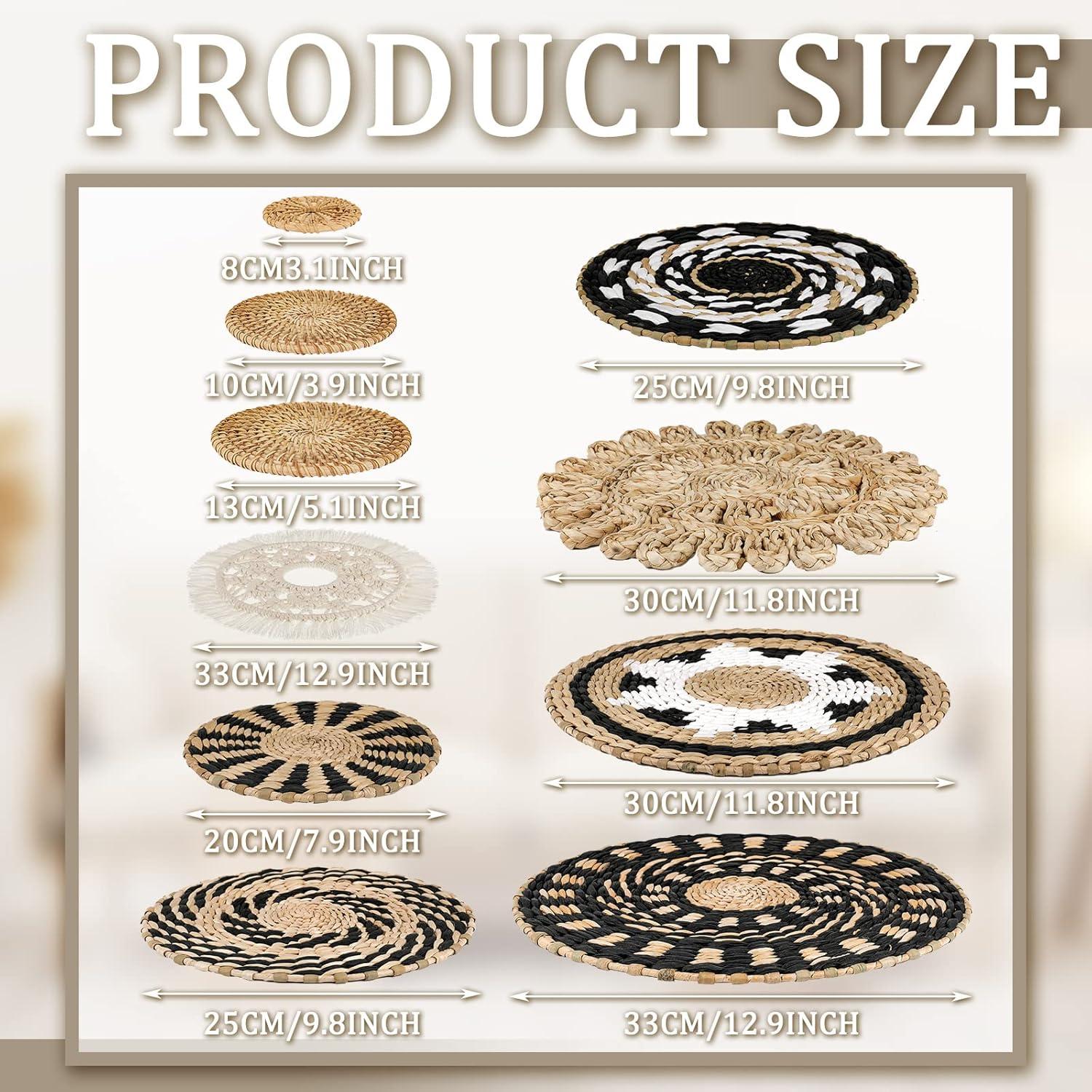 Tatuo 11 Pcs Boho Wall Basket Decor Decorative Bulrush Woven Basket Wall Decor Art Round Farmhouse Hanging Baskets for Kitchen Rustic Home Summer Decorations, Multi Sizes(Retro)