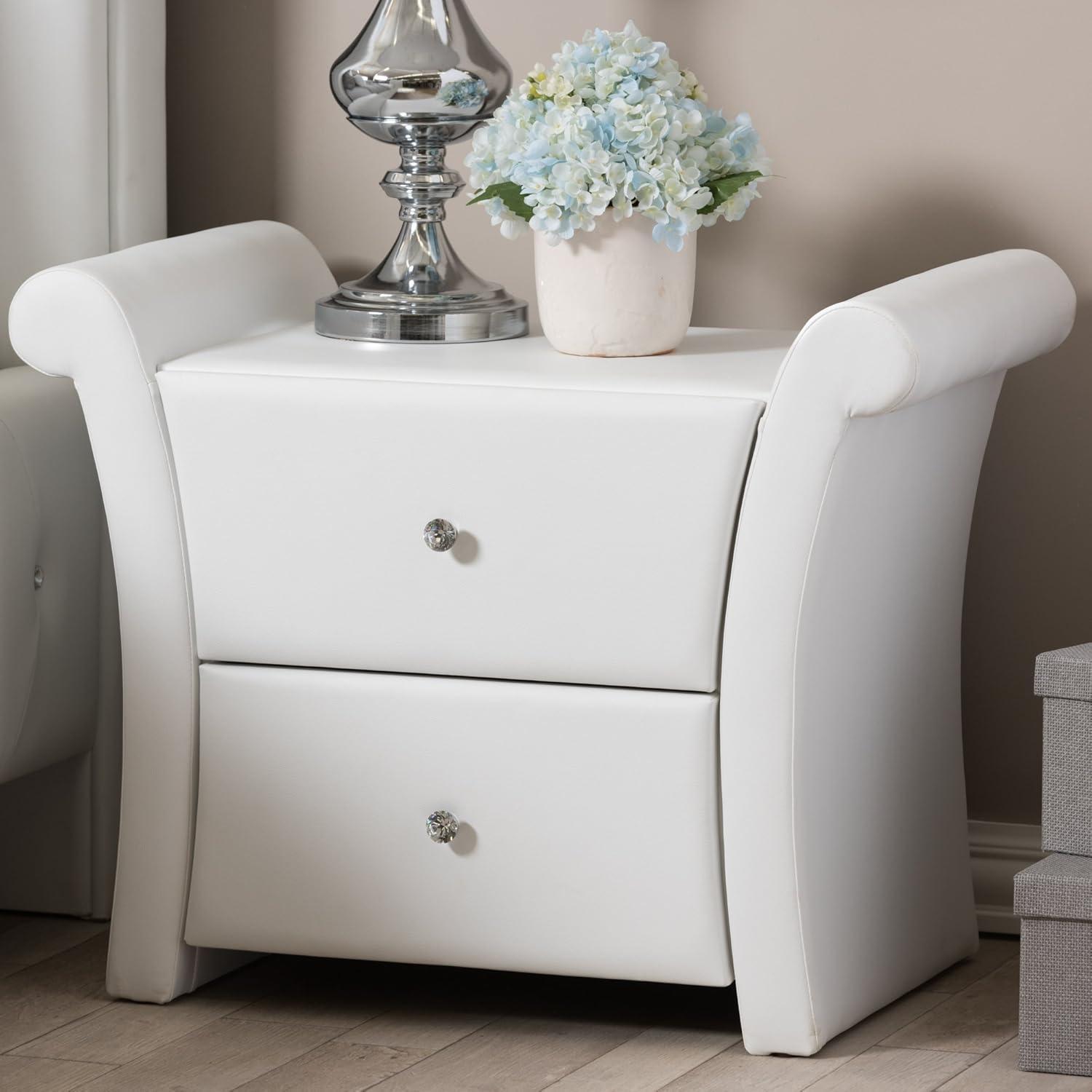 Victoria Matte Faux Leather Leather 2 Storage Drawers Nightstand Bedside Table - White - Baxton Studio