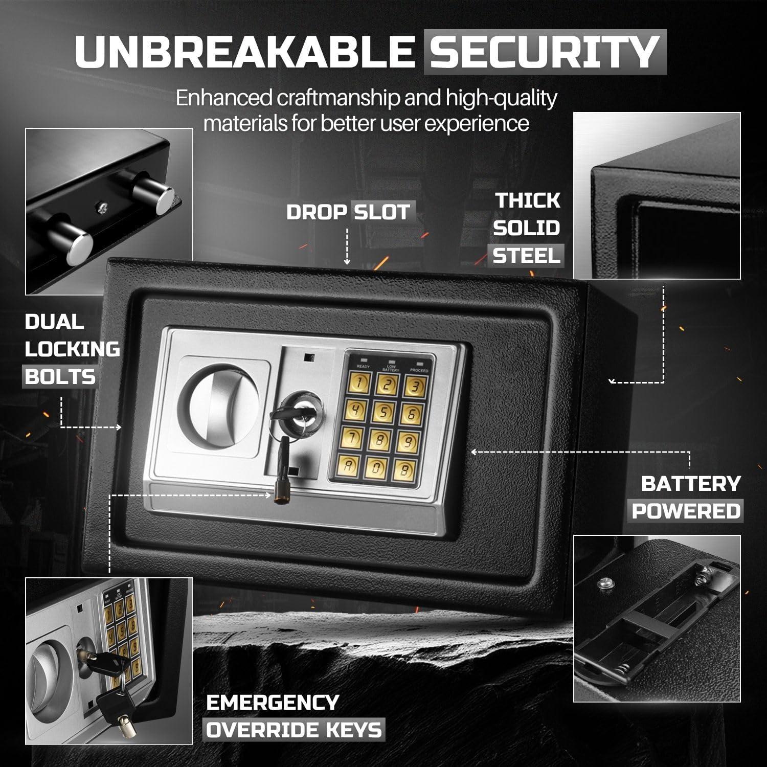 Black Steel Electronic Wall-Mount Safe with Keypad and Drop Slot