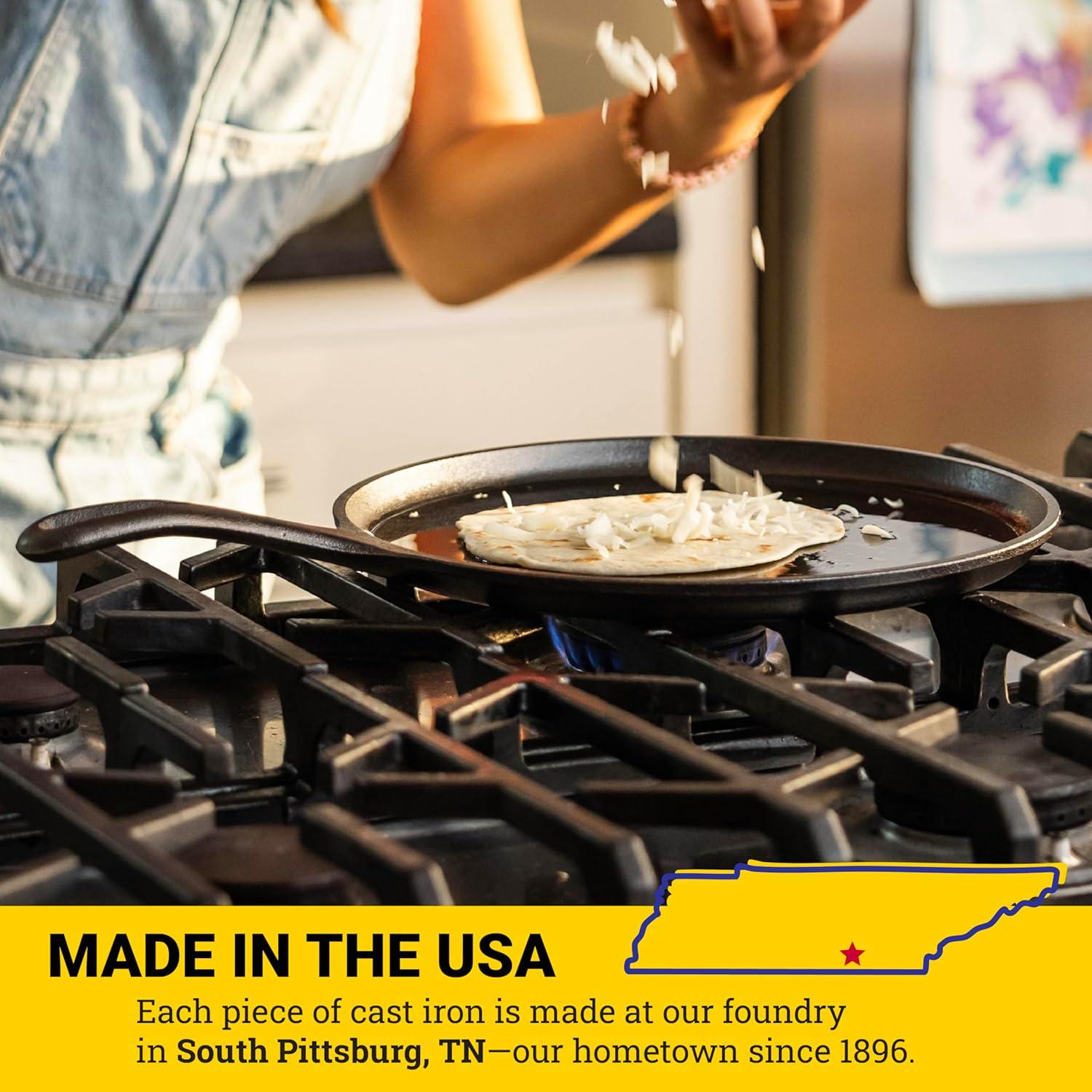 Lodge 10.5" Cast Iron Griddle: Preseasoned Nonstick Crepe Pan, Smooth Surface & Gas Compatible, Hand Wash, Black