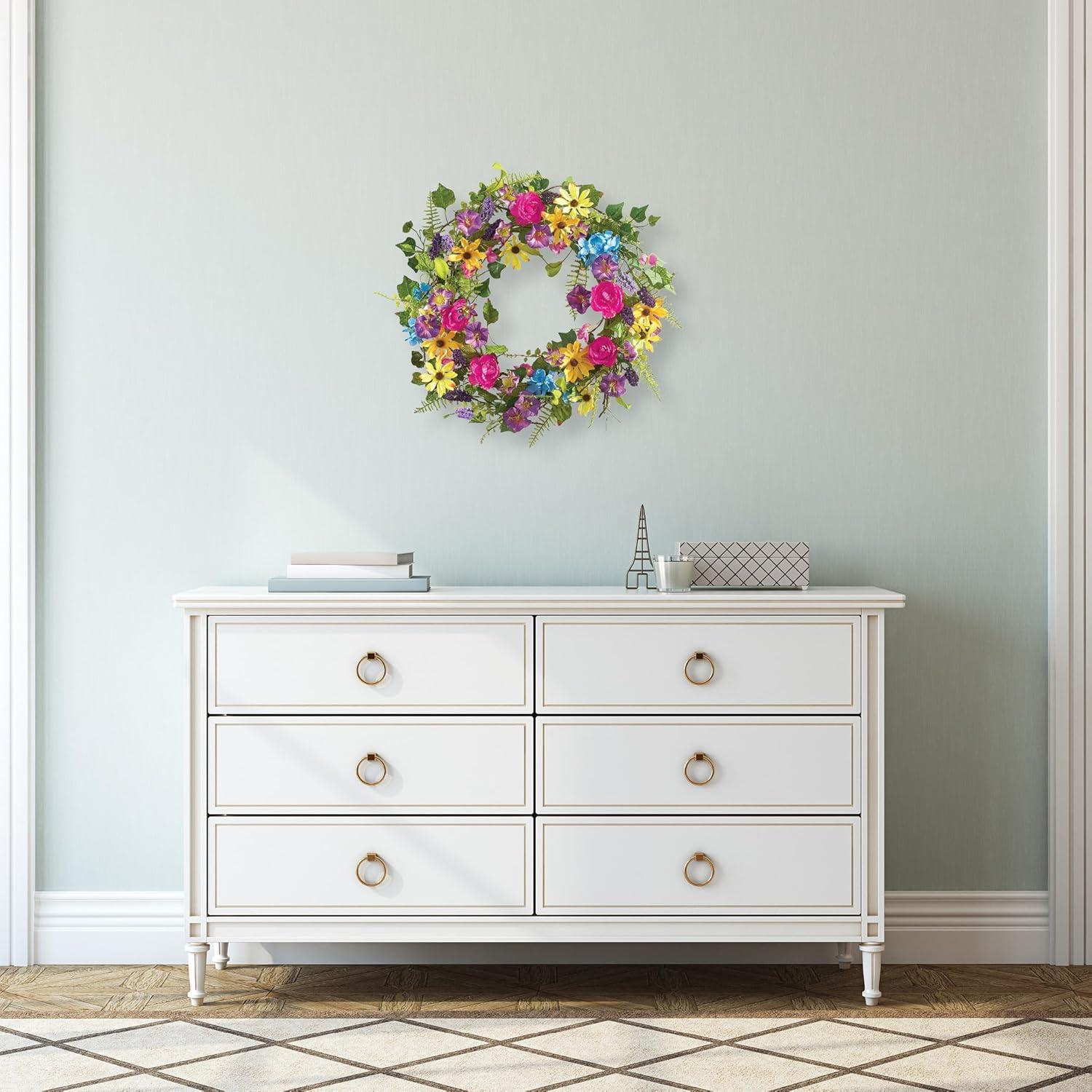 Collections Etc Colorful 17" Mixed Floral Spring Summer Wreath with Yellow Daisies