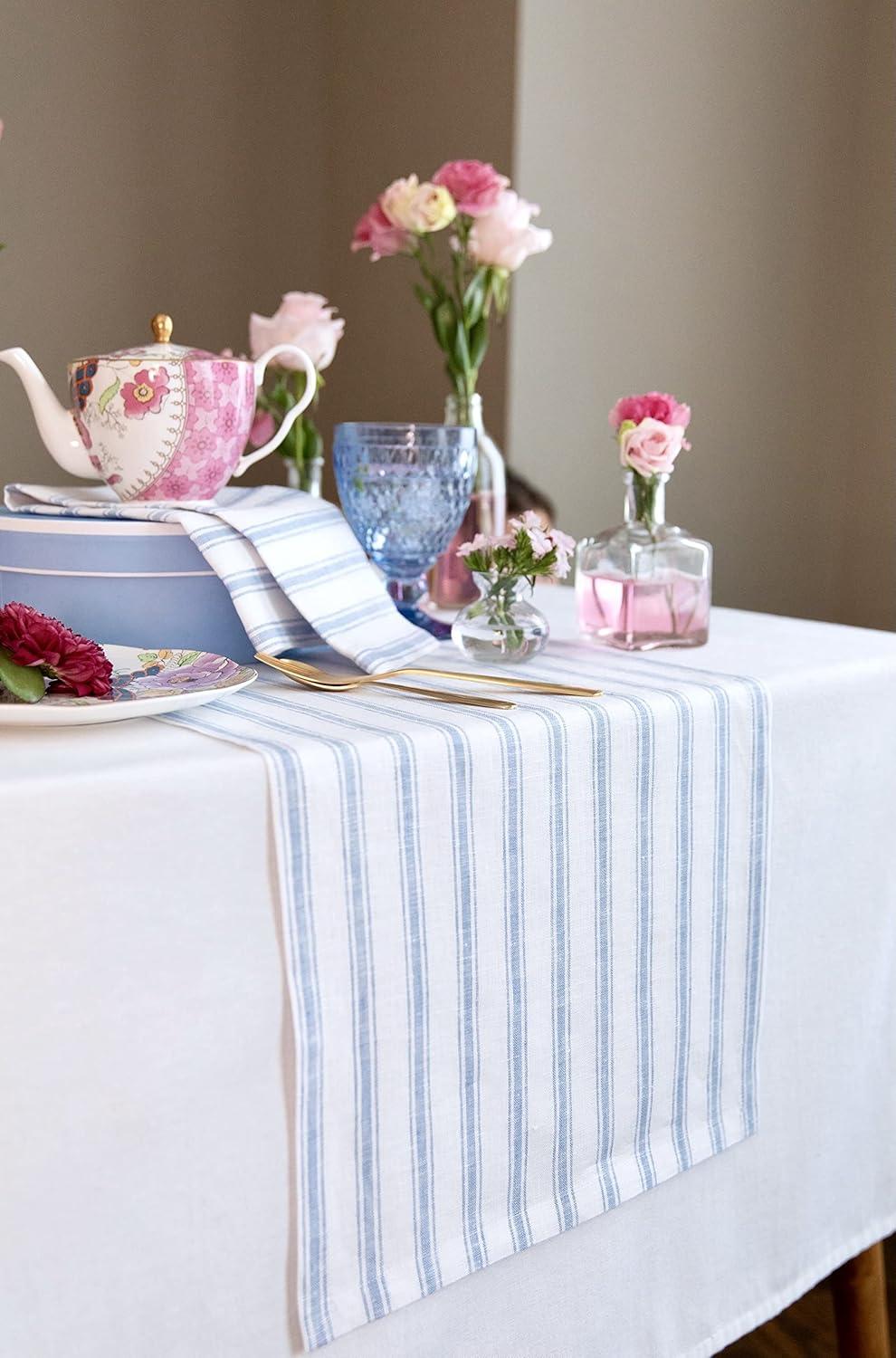 Capri Ticking Stripe - 100% Pure Linen Rectangle Dining Table Runner