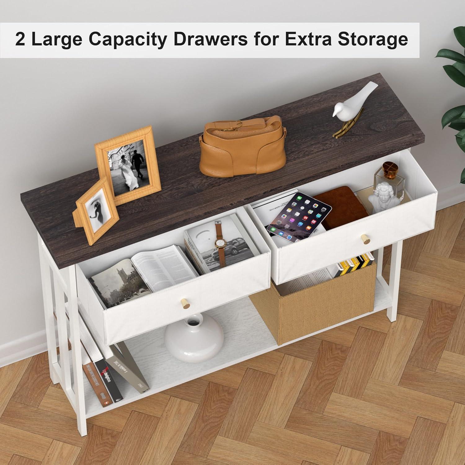 Console Table with 2 Fabric Drawers, 42" Solid Wood Entryway Table with Shelves, Storage Sofa Table for Entryway, Hallway, Living Room, Kitchen or Behind Couch in Foyer, White