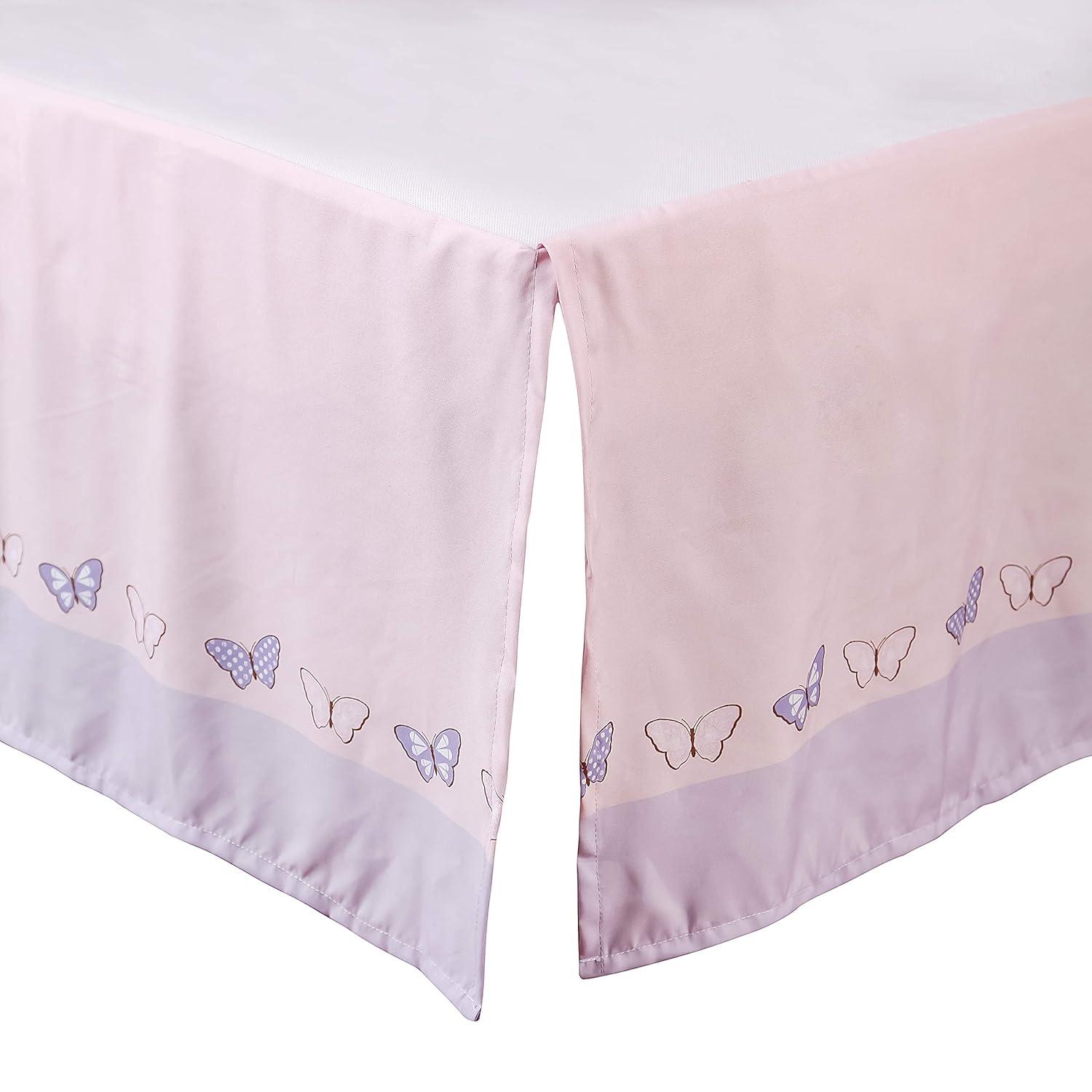 La Premura 3-Piece Purple Butterfly Baby Crib Bedding Set for Girls, Lilac Standard Size Crib Set for Baby Girl, Comforter, Fitted Sheet, and Dust Ruffle Skirt, Baby Nursery Floral Design for Girls