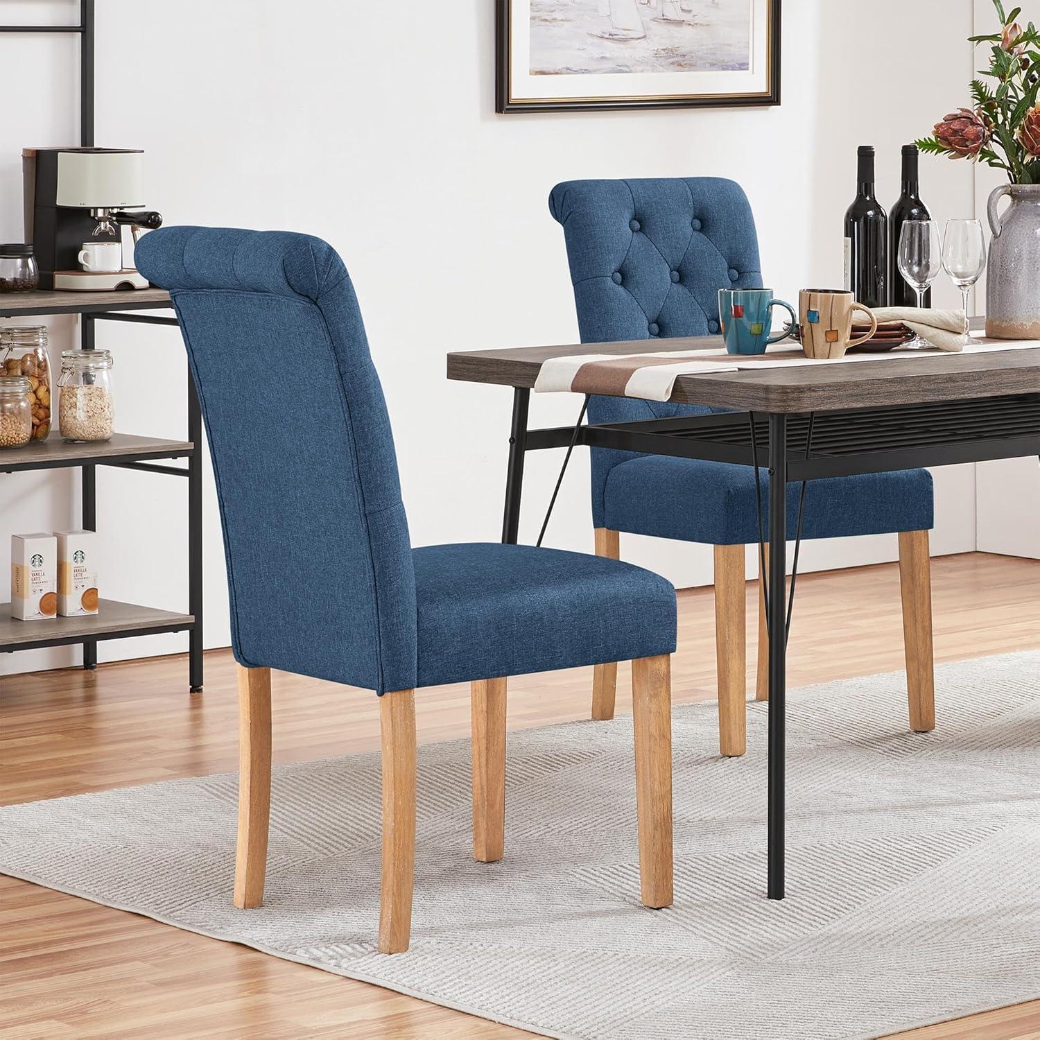 Killeryuki Dining Chairs Set of 2 Button Tufted Parsons Kitchen Chairs Upholstered Fabric Dining Room Chairs with Solid Wood Legs and Padded Seat for Dining Room, Kitchen, Restaurant, 1 Package, Blue