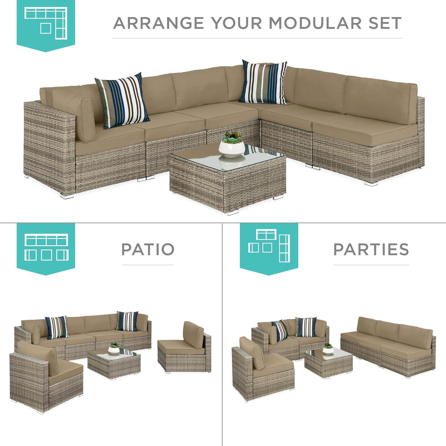 Taupe Wicker 7-Piece Outdoor Modular Patio Set with Beige Cushions