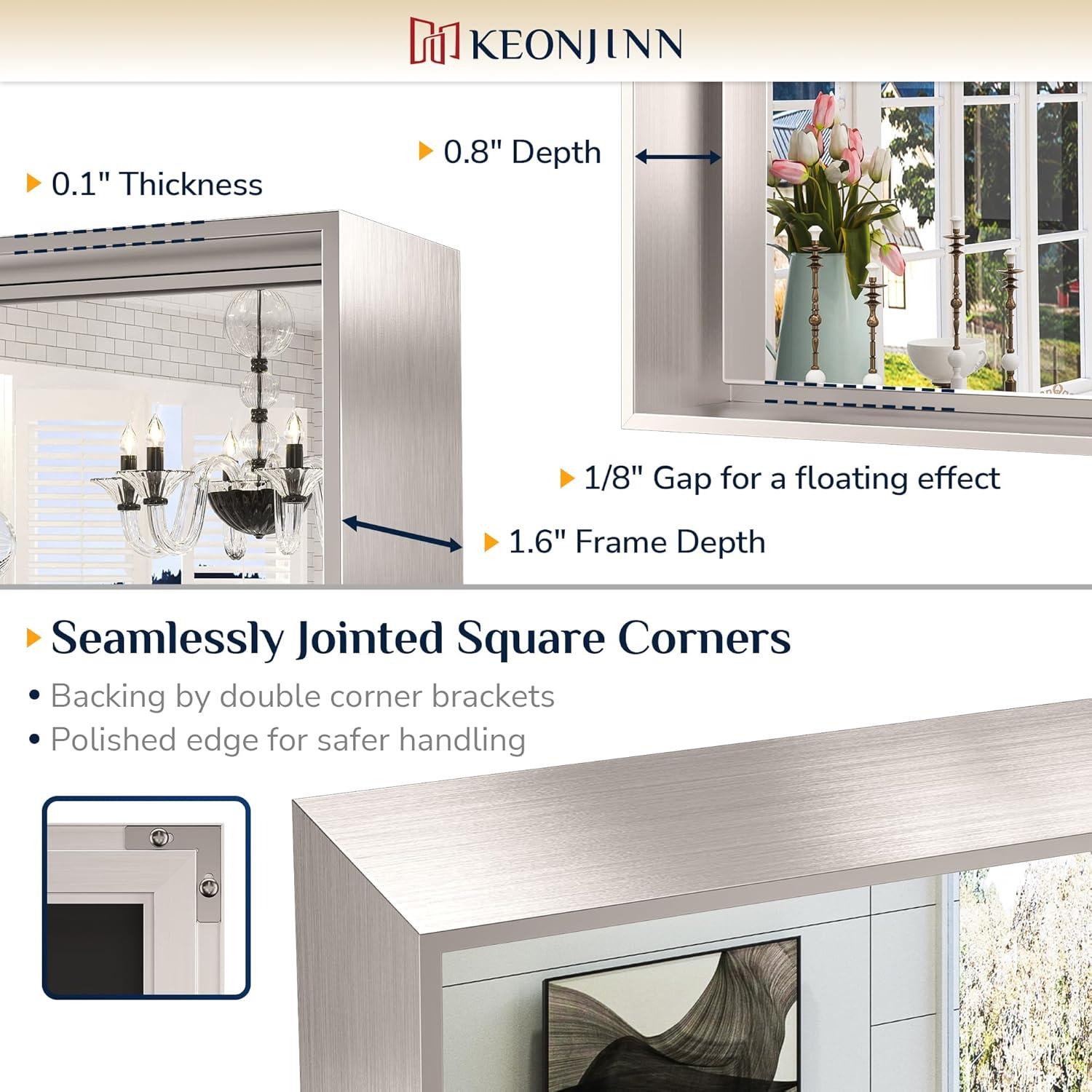 Keonjinn 24 x 32 in Brushed Nickel Bathroom Mirror for Wall, Silver Rectangular Metal Framed Vanity Mirror for Bathroom Sink Square Corner Aluminum Alloy Modern Rectangle Mirror(Horizontal/Vertical)