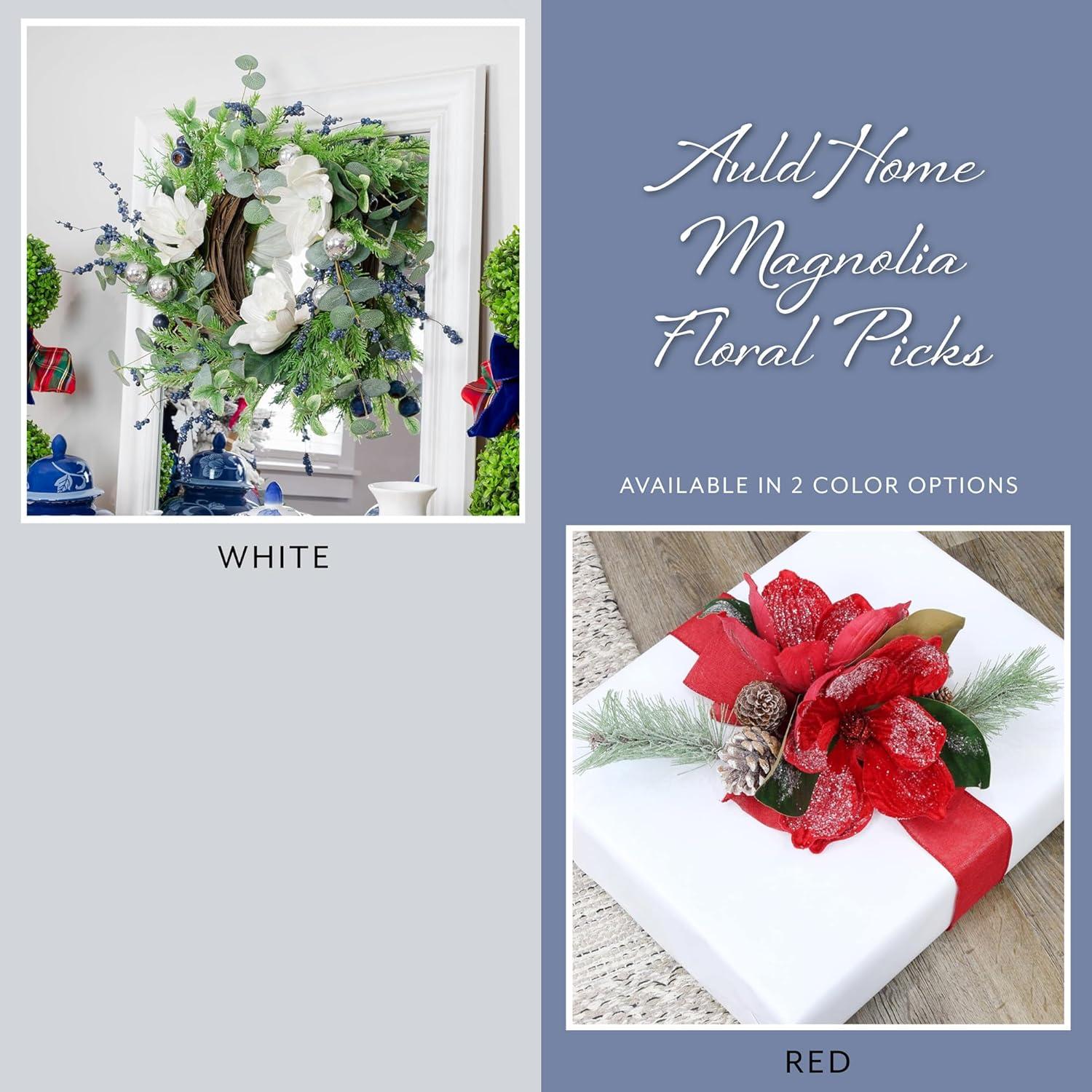 AuldHome Design Magnolia White Floral Picks, 3pk; Artificial Magnolia Greenery Flowers for Christmas and Seasonal Decor