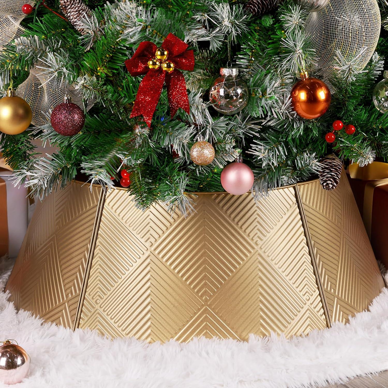 Nordic Hygge 28’’ Christmas Tree Collar, Gold Tree Skirt for Christmas Tree Decor, Christmas Tree Base Cover with Printed Patterns, Metal Tree Collar for Pencil Tree of Living Room