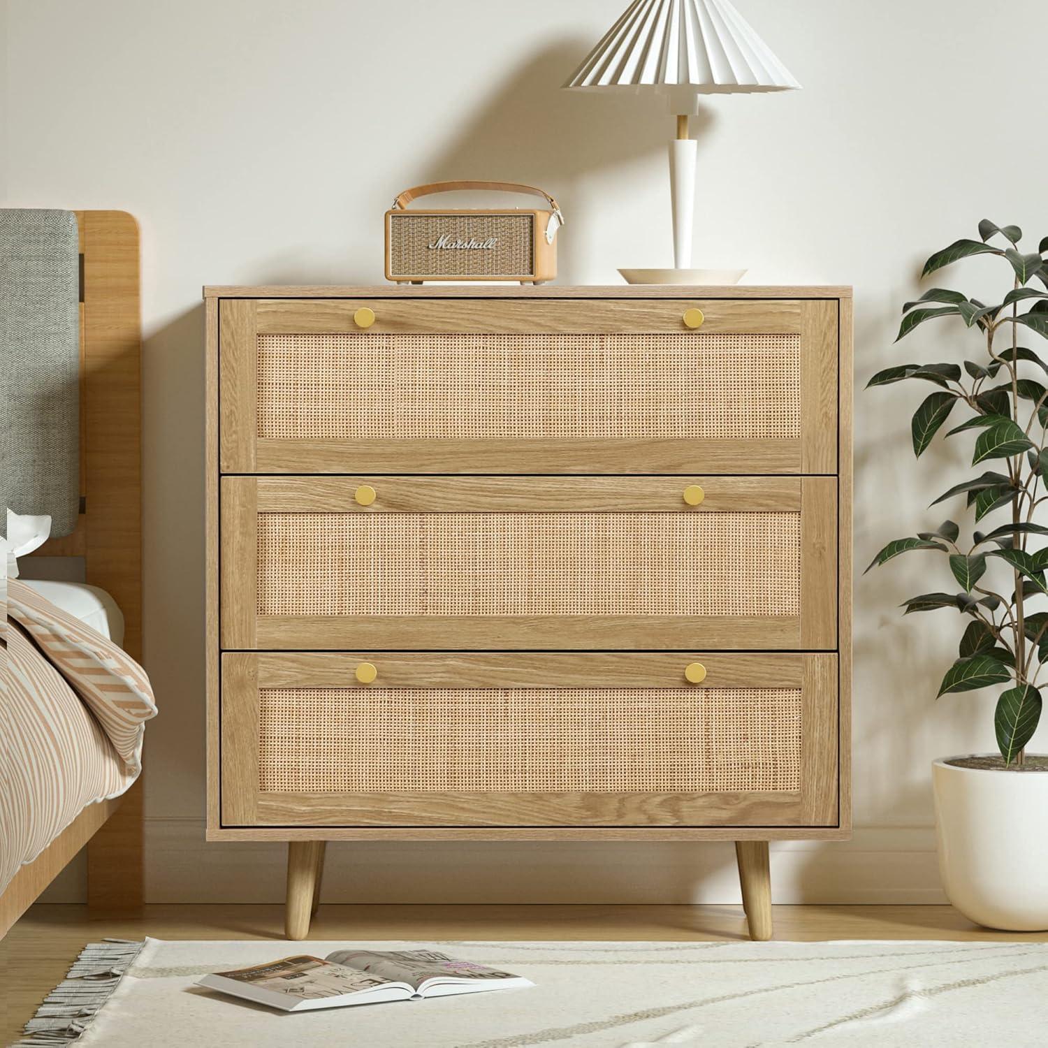 Bohemian Oak and Rattan 3-Drawer Dresser with Gold Handles