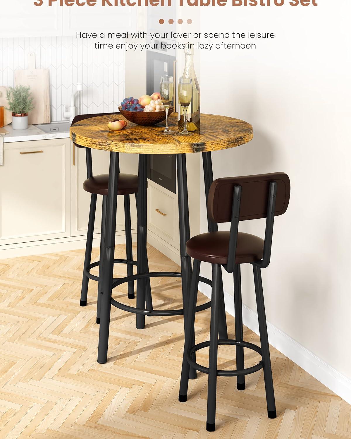 Recaceik 3 Piece Pub Dining Set, Modern Round bar Table and Stools for 2 Kitchen Counter Height Wood Top Bistro Easy Assemble for Breakfast Nook Living Room Small Space Restaurant