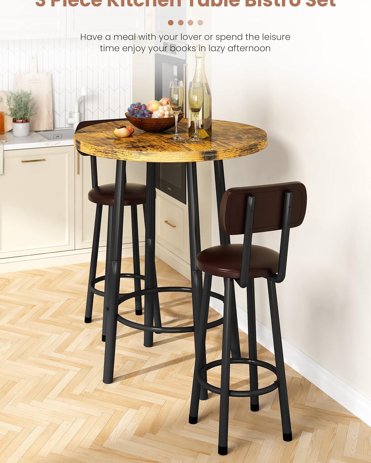 Recaceik 3 Piece Pub Dining Set, Modern Round bar Table and Stools for 2 Kitchen Counter Height Wood Top Bistro Easy Assemble for Breakfast Nook Living Room Small Space Restaurant, Rustic Brown