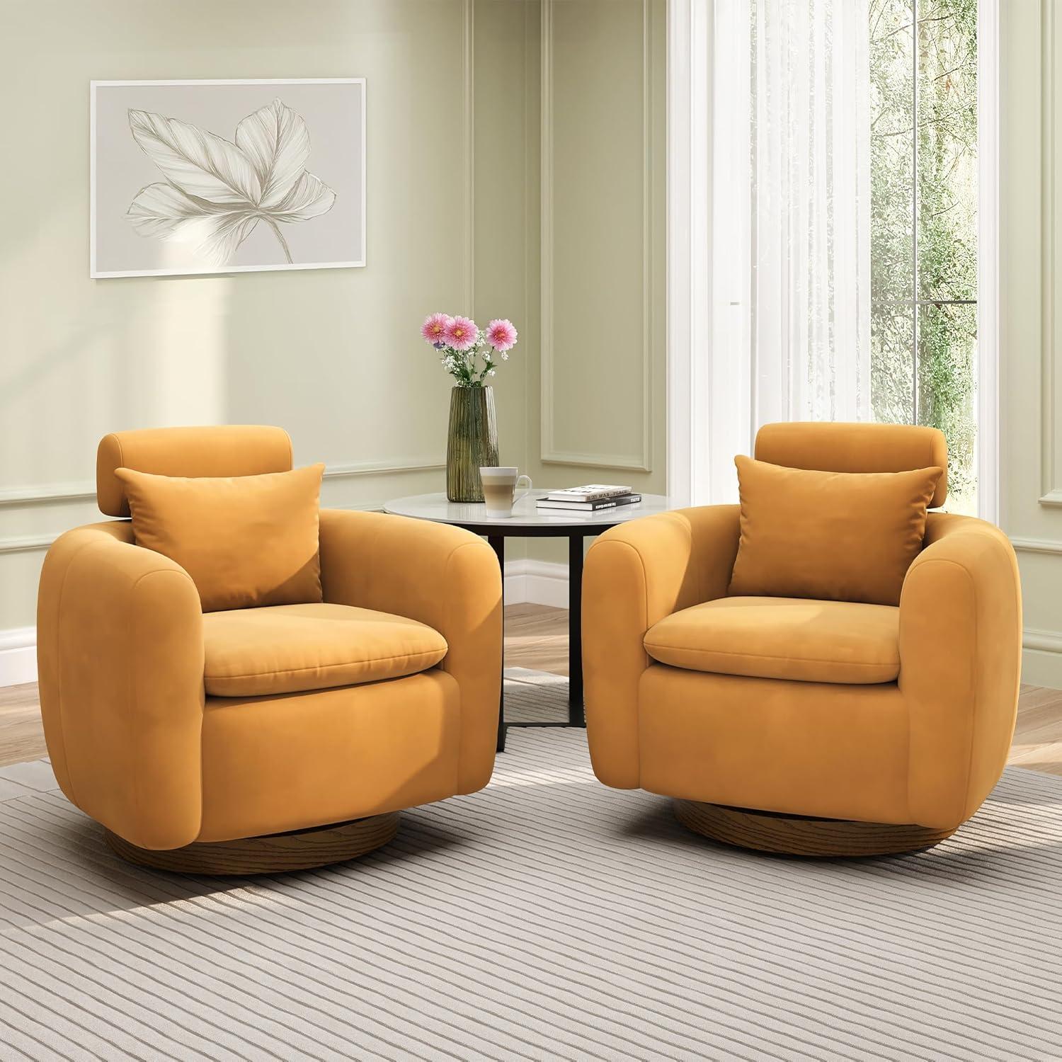 Oversized Camel Brown Velvet Swivel Barrel Accent Chair