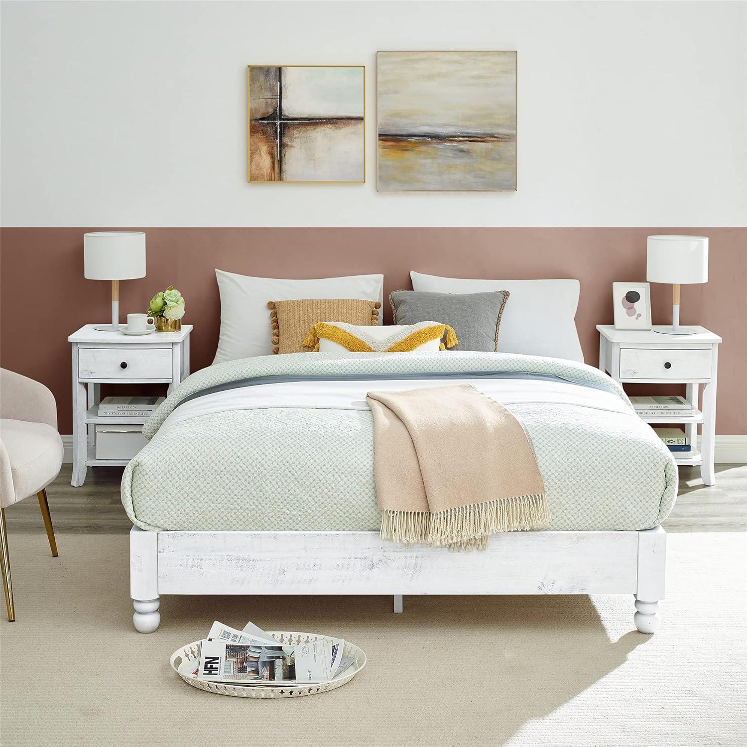 MUSEHOMEINC BF1002WQ 12 Inch Tall Easy Assembly Solid Pine Wood Rustic Platform Bed Frame with Wooden Slat Support, Whitewashed, Queen