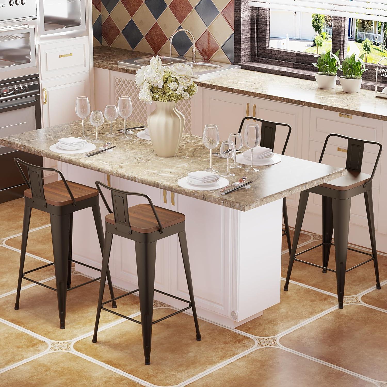 WENTMENT Metal Bar Stools Set of 4 Counter Height Rusty Barstools with Removable Back 30" Kitchen Bar Stools