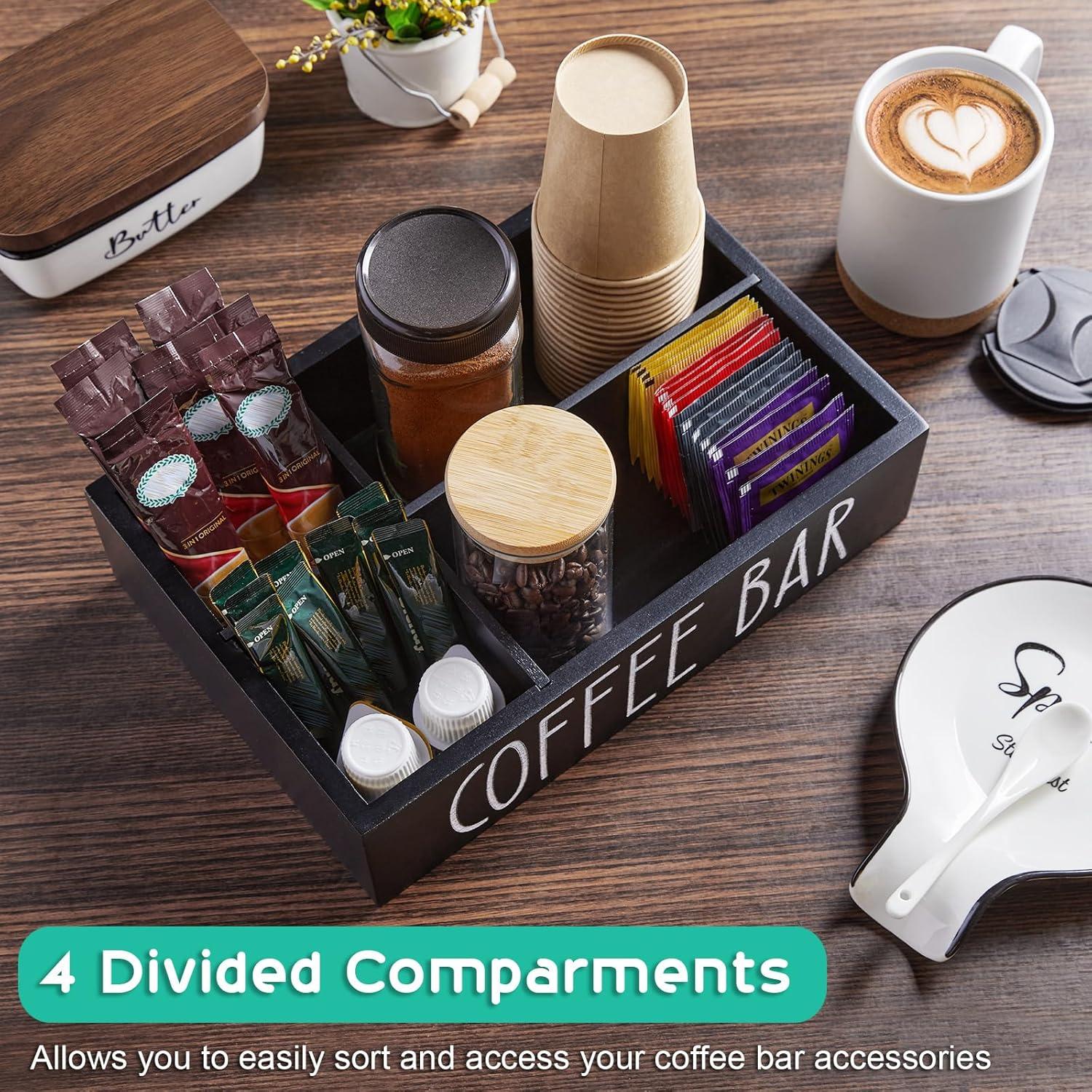 Coffee Station Organizer With Removable Dividers - Wood Bar Accessories Organizer For Countertop - Pod Holder Basket For Sugar Tea - Black Table Decor