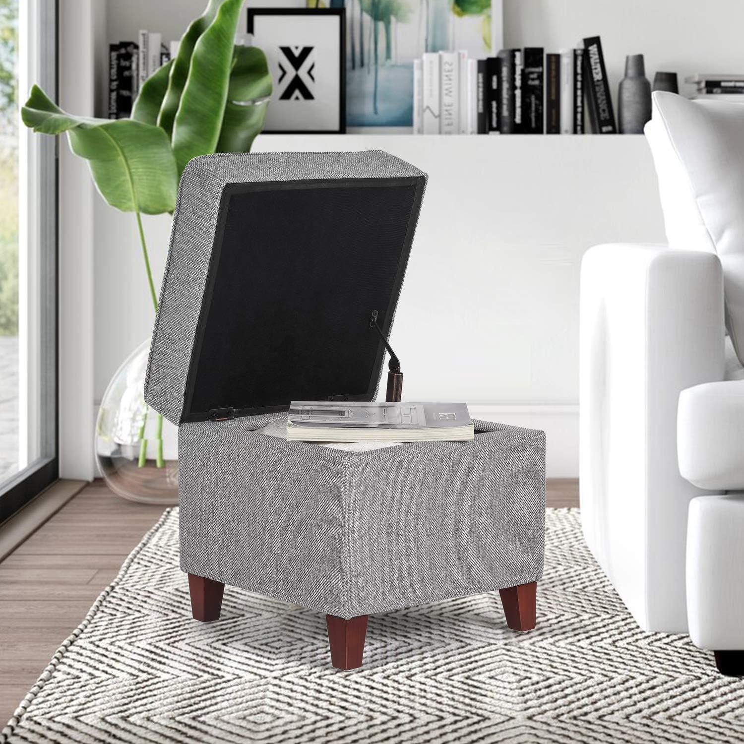 Gray Faux Linen Square Storage Ottoman with Wood Legs