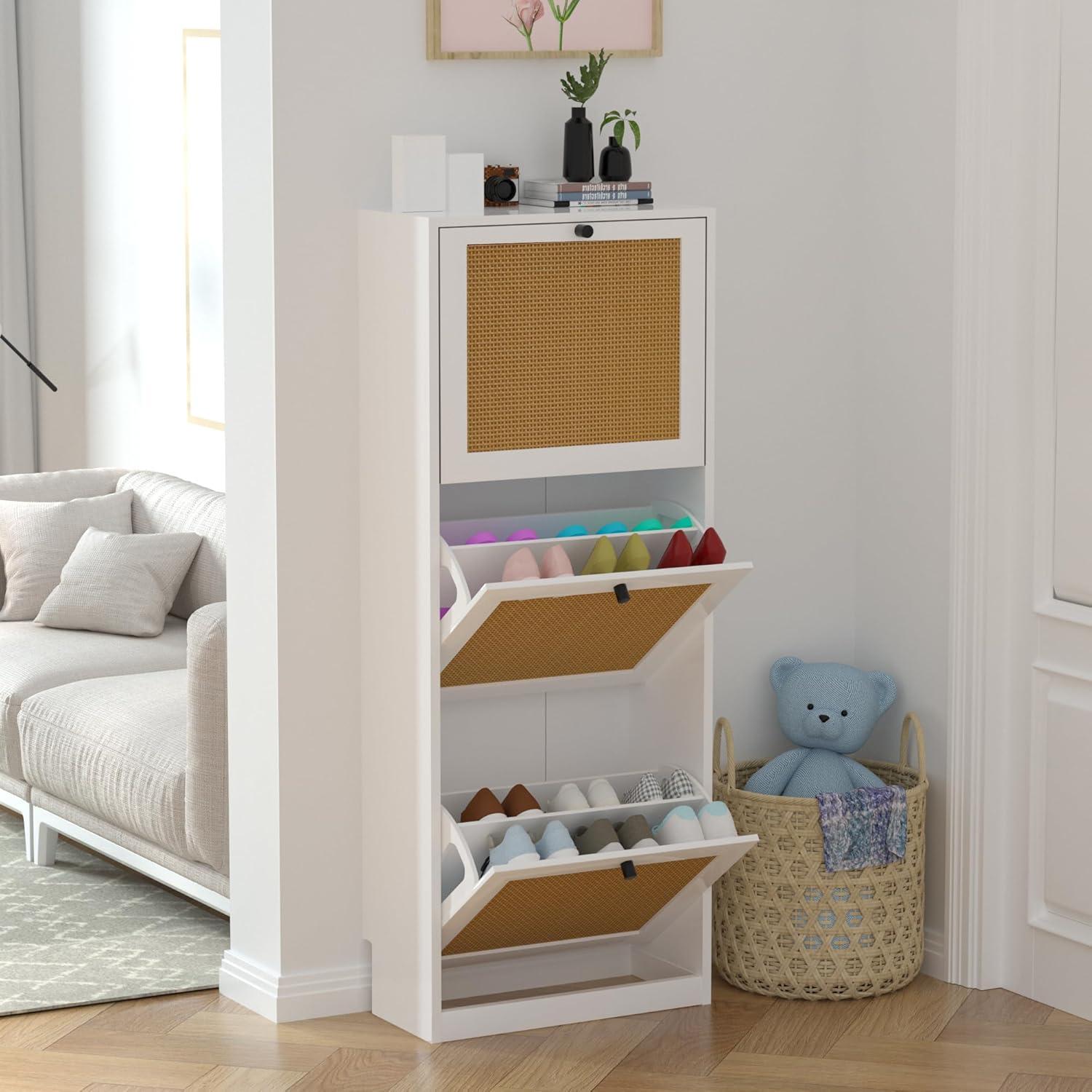 White and Rattan 3-Tier Flip Drawer Shoe Cabinet