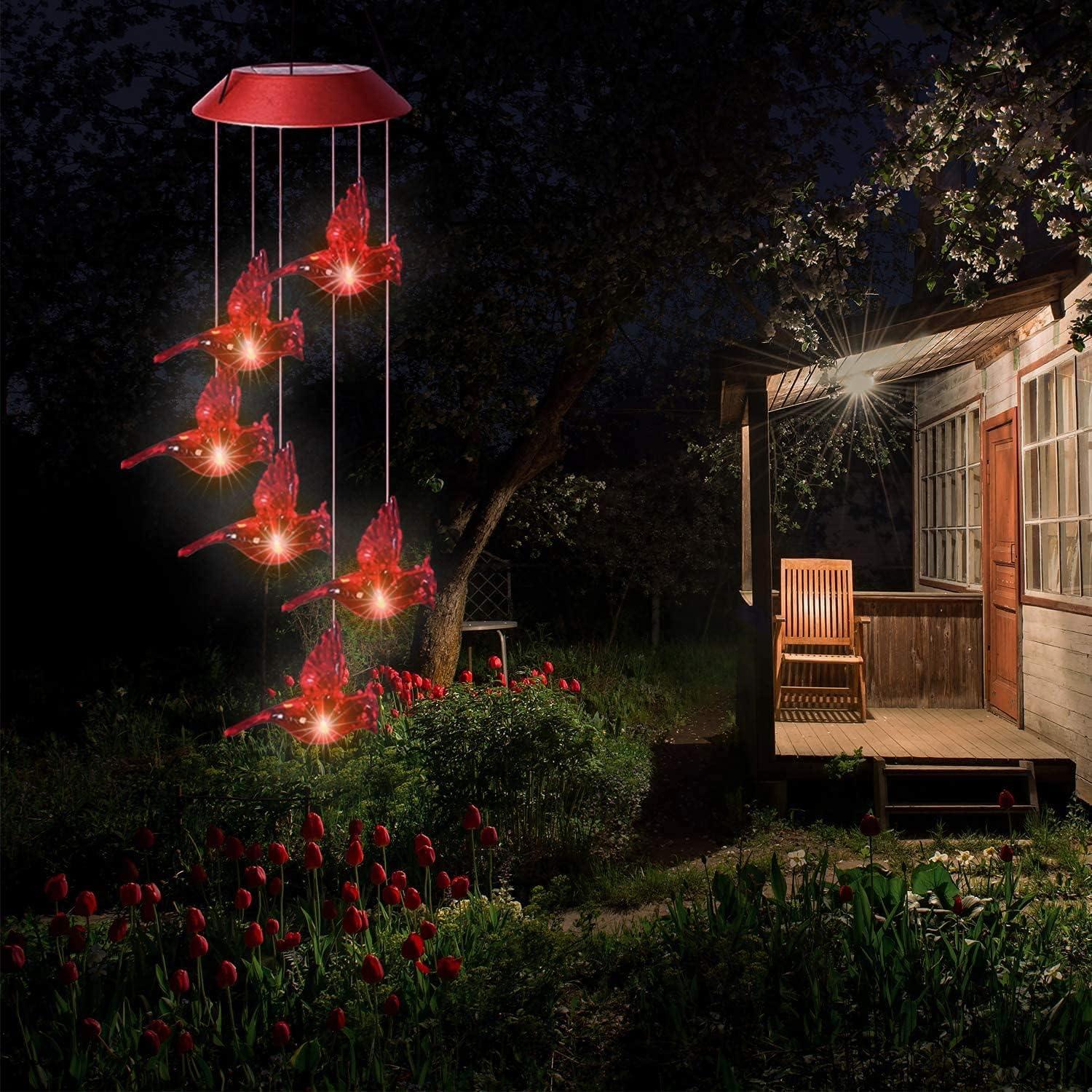 Solar-Powered Red Bird Wind Chimes with LED Lights