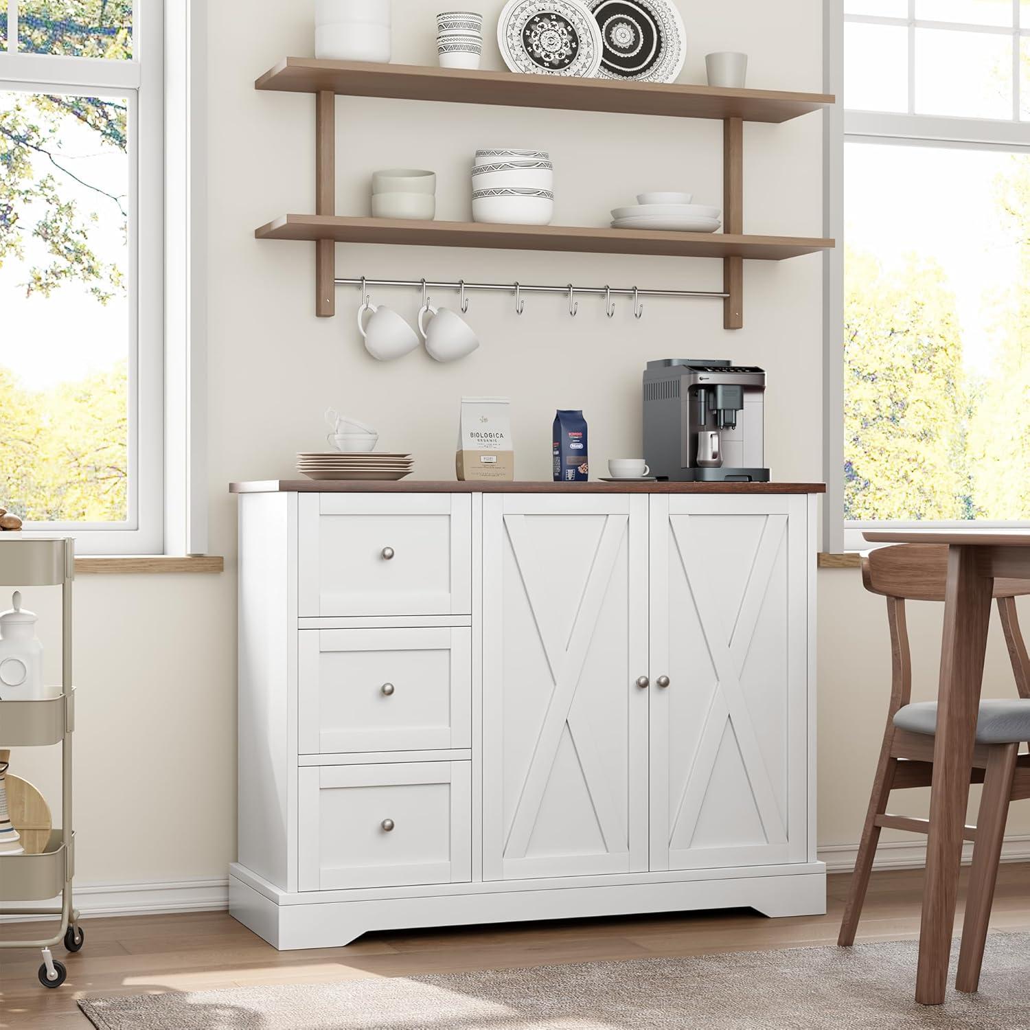 White Shaker 3-Drawer Farmhouse Buffet Cabinet