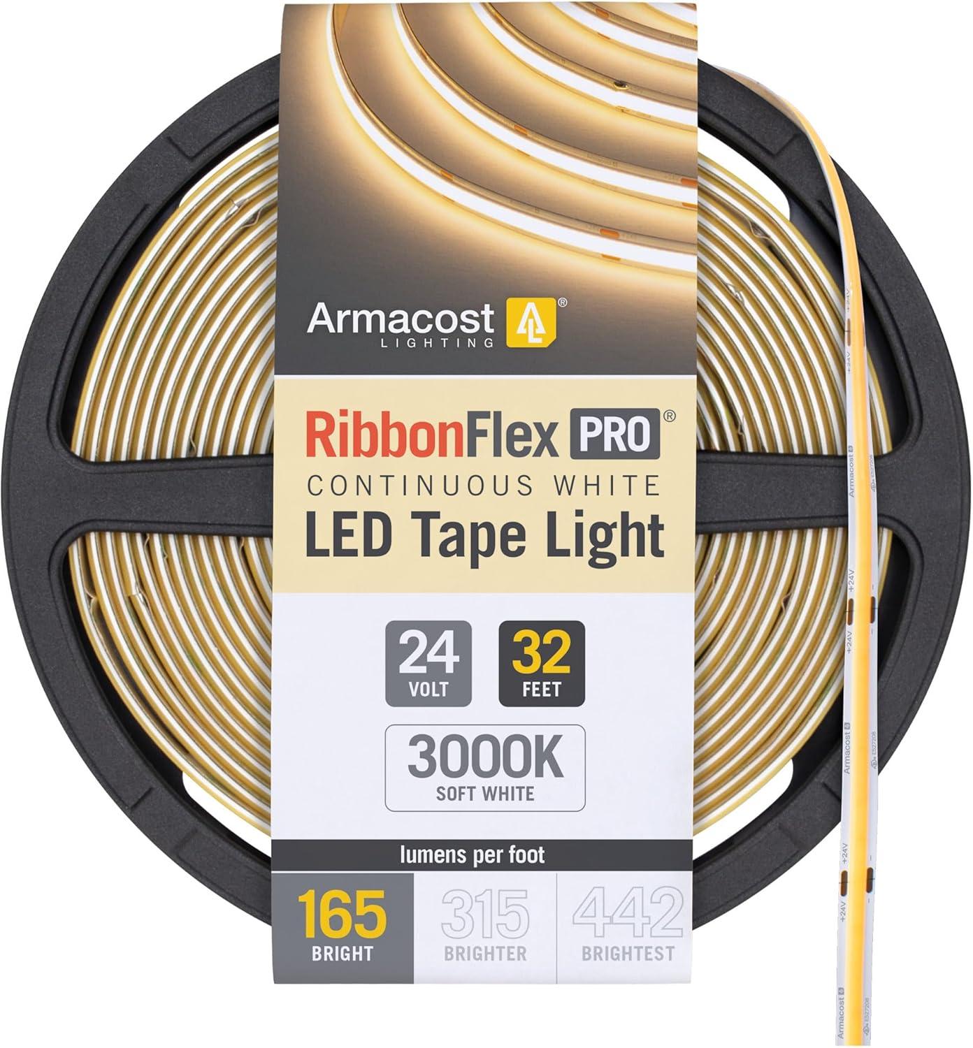 Armacost Lighting RibbonFlex Pro 24V White COB LED Strip Light Tape 3000K, 165 Lumens/Ft, 10M 171250