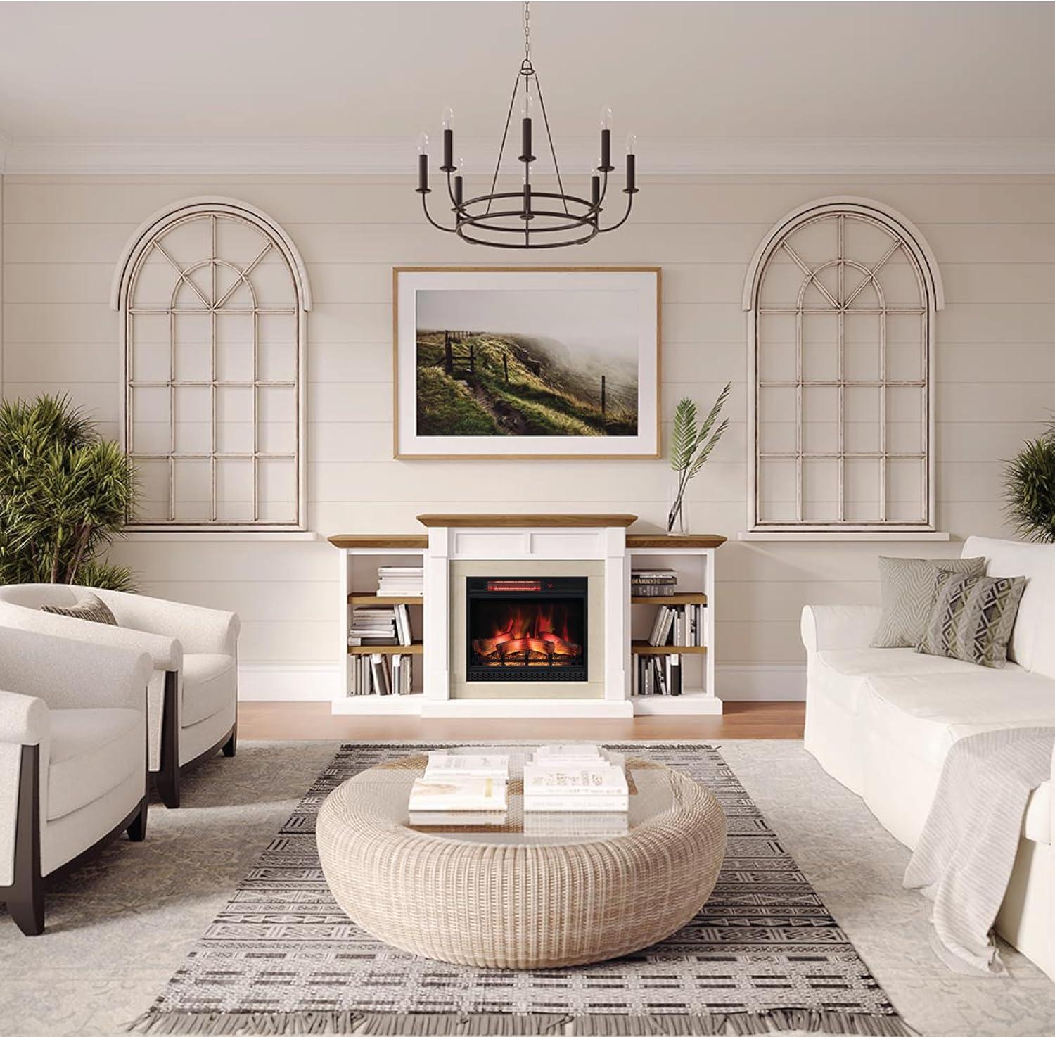 Country Living Belhaven 74 Inch Bookcase Mantel Package | 23 Inch Smart Electric Fireplace Insert Heater