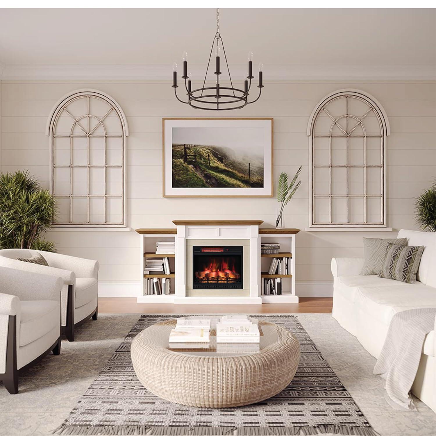 Country Living Belhaven 74 Inch Bookcase Mantel Package | 23 Inch Smart Electric Fireplace Insert Heater