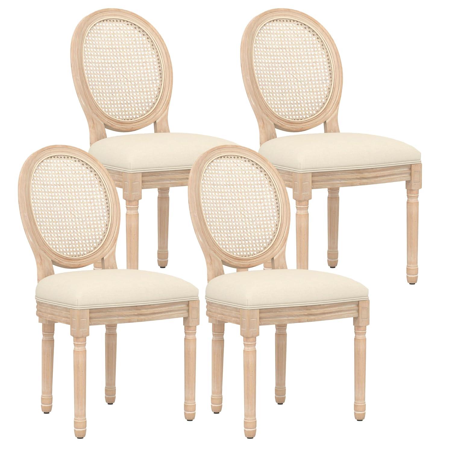 One Allium Way® French Style Rattan Back Solid Wood Upholstered Dining Chairs(Set of 6)
