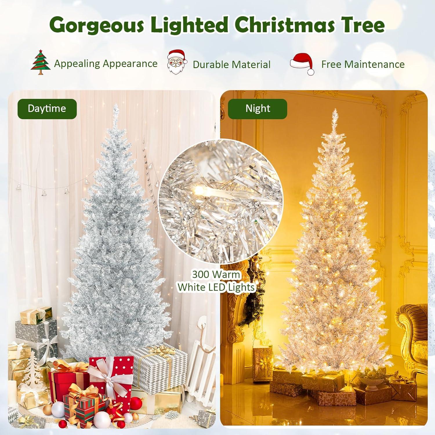 Tangkula 6/7 FT Pre-lit Artificial Christmas Tree Hinged Xmas Pencil Tree with 790/1030 Branch Tips 300/400 Warm White LED Lights