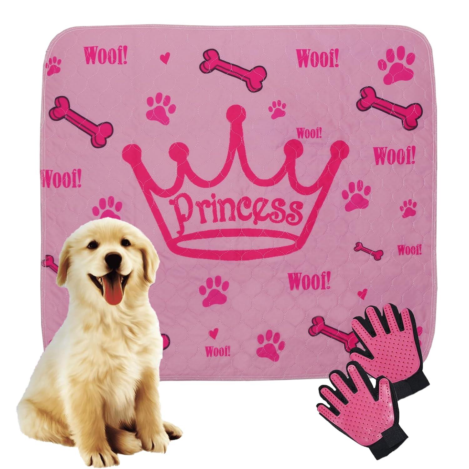 Pink Princess Washable Dog Pee Pads with Grooming Gloves