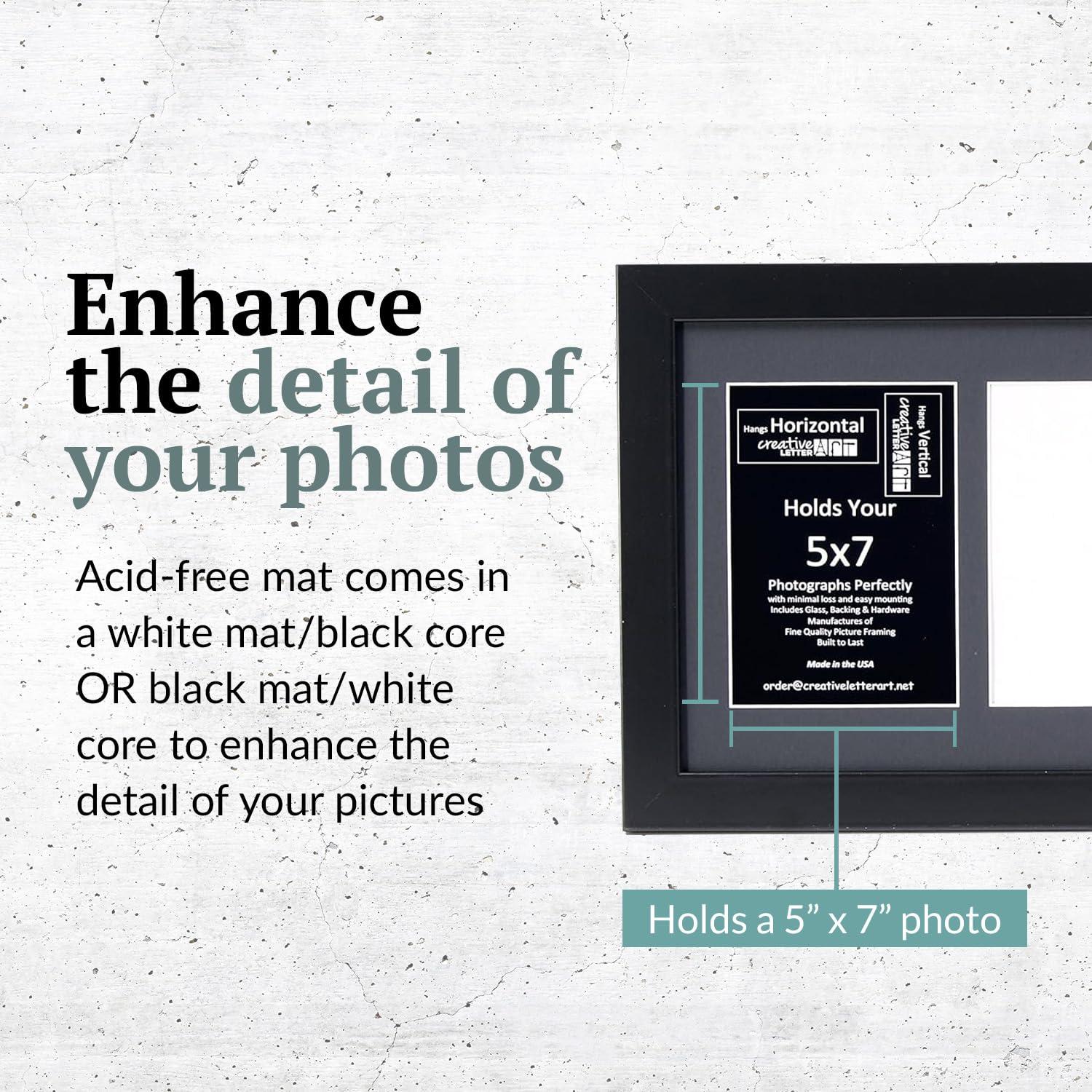 Creative Letter Art - 4 Opening 5x7 Black Picture Frame with 10x24-inch Black Mat Collage including Full Strength Glass, Alphabet Photography