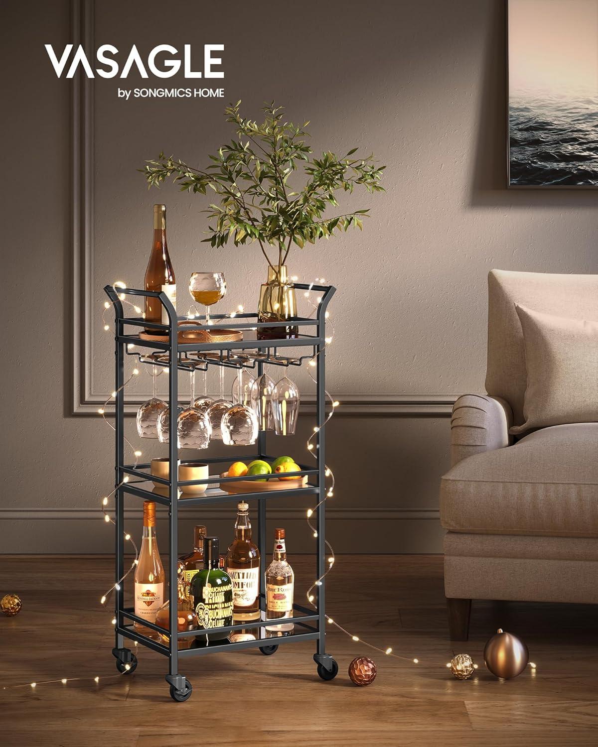 Ink Black 3-Tier Steel and Glass Bar Cart with Storage