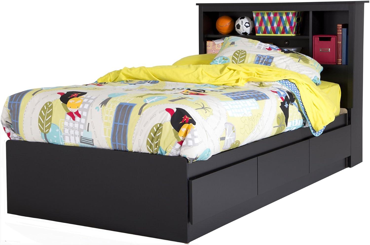 Pure Black Twin Wood Platform Bed with 3 Drawers