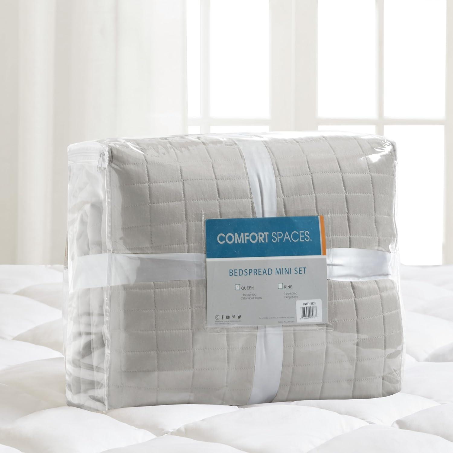 Comfort Spaces 3-Piece Micorfiber Mini Bed in A Bag Quilt Set, King, Light Gray, Kienna All Season Reversible Blanket