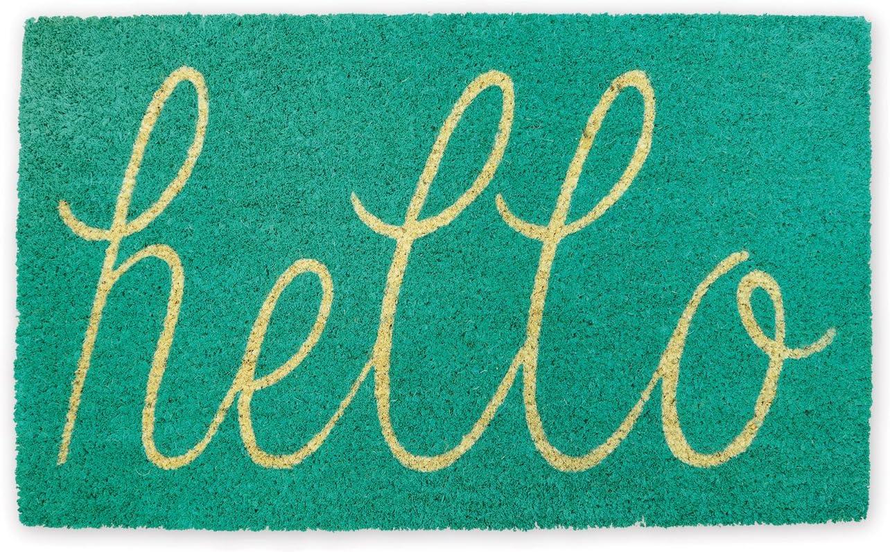 DII Hello Coir Fiber Doormat Non-Slip Durable Outdoor/Indoor, Pet Friendly, 17x29", Storm Blue