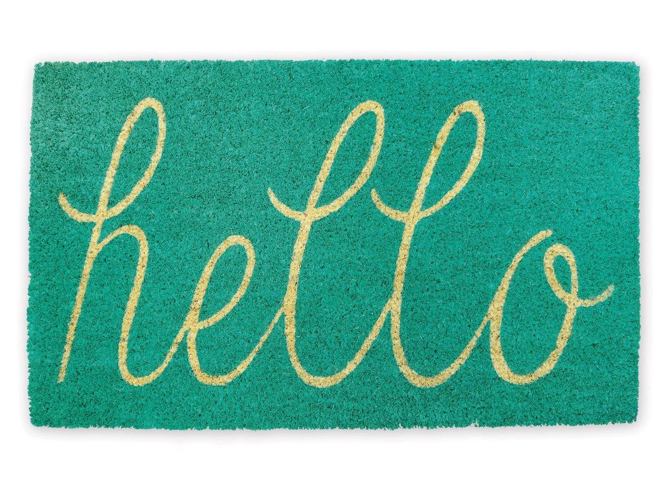 DII Hello Coir Fiber Doormat Non-Slip Durable Outdoor/Indoor, Pet Friendly, 17x29", Storm Blue