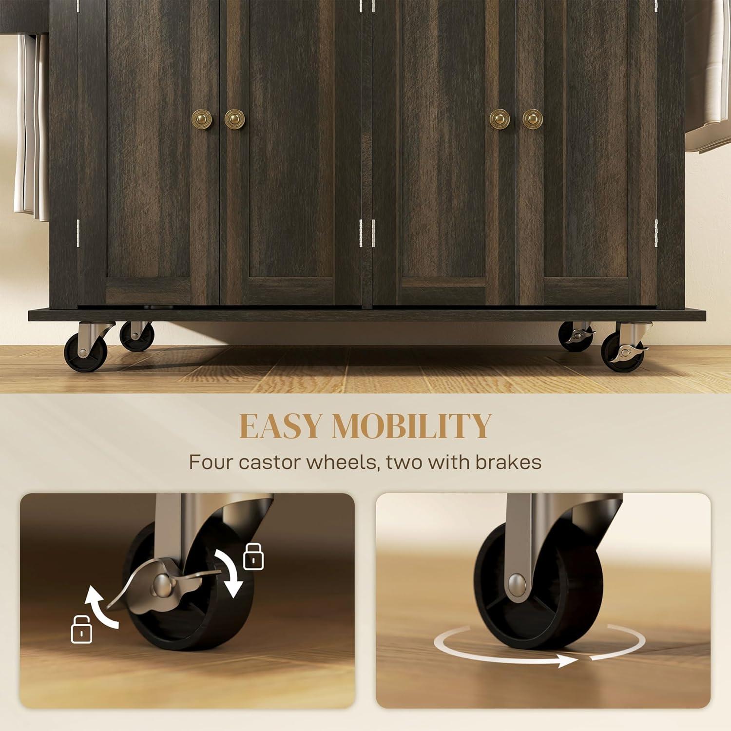 HOMCOM Kitchen Island on Wheels, Rolling Cart with Rubber Wood Top, Spice Rack, Towel Rack & Drawers for Dining Room, Black