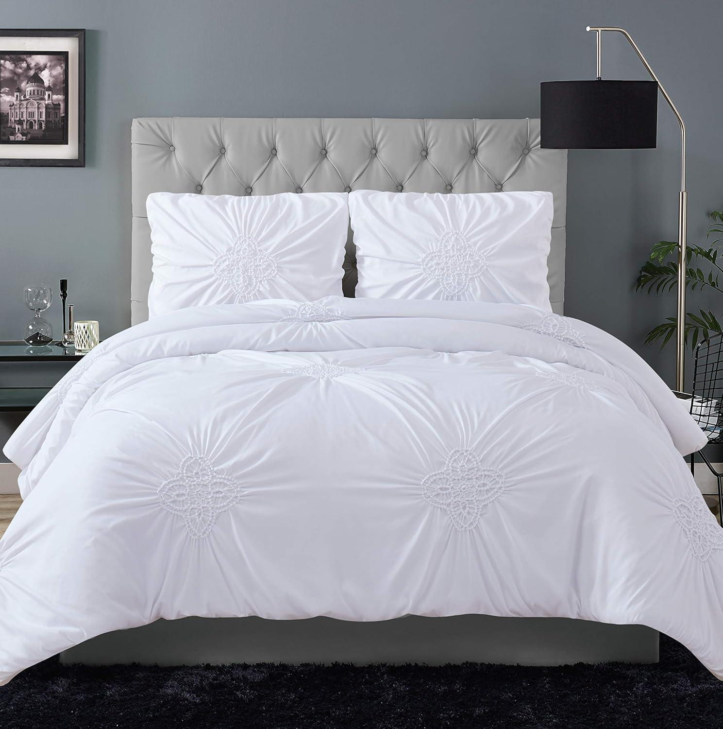 White Microfiber Ruffled Full/Queen Duvet Cover Set