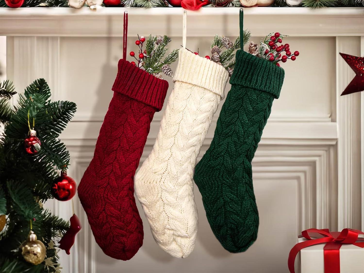 Husfou 4 Pack Christmas Knitted Splicing Stockings, 18 inch Large Cable Knitted Xmas Stockings Decorations for Indoor Family Holiday Christmas Party